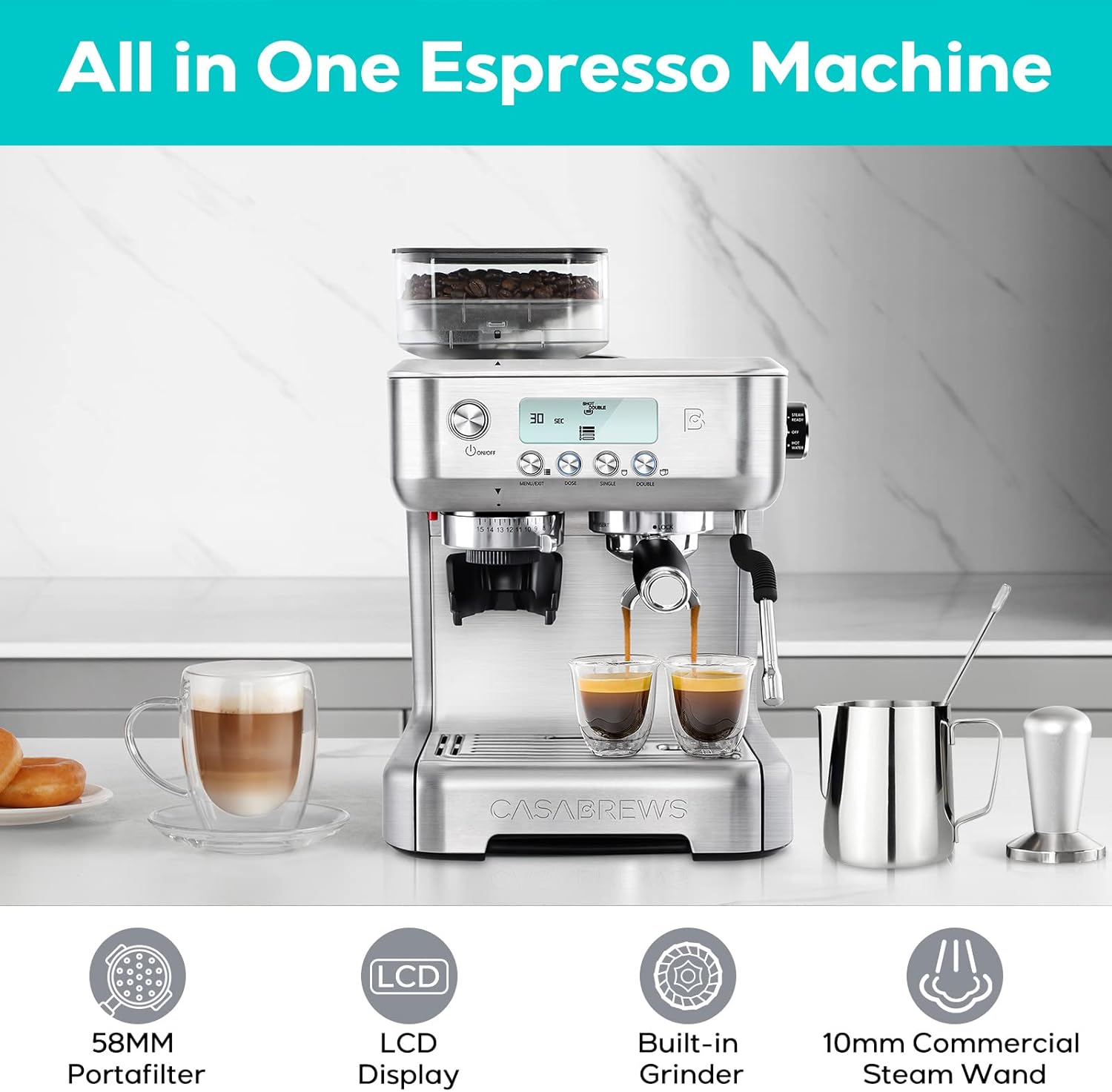 Máquina de café espresso CASABREWS con molinillo, máquina de café espresso para barista con vaporizador de leche, varilla de vapor, cafetera profesional con pantalla LCD, regalos para papá, madre y amantes del café