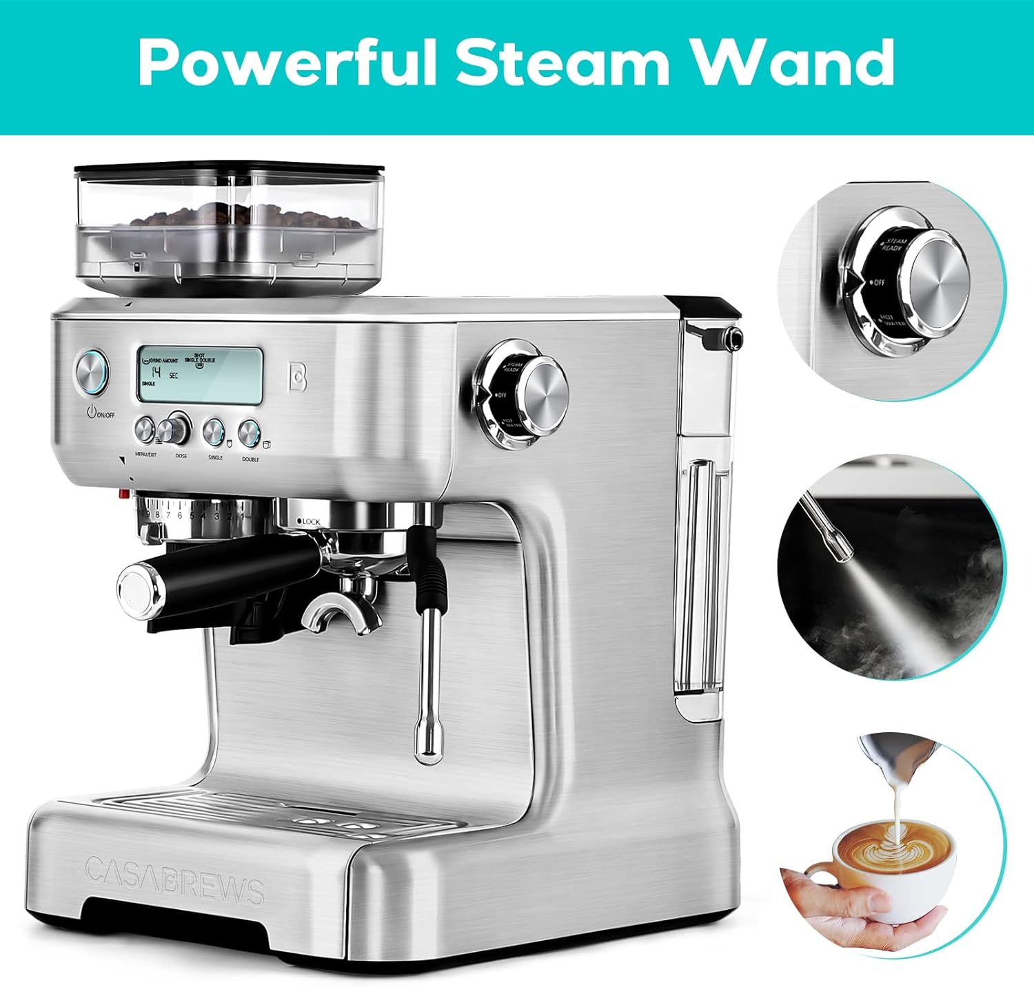 Máquina de café espresso CASABREWS con molinillo, máquina de café espresso para barista con vaporizador de leche, varilla de vapor, cafetera profesional con pantalla LCD, regalos para papá, madre y amantes del café