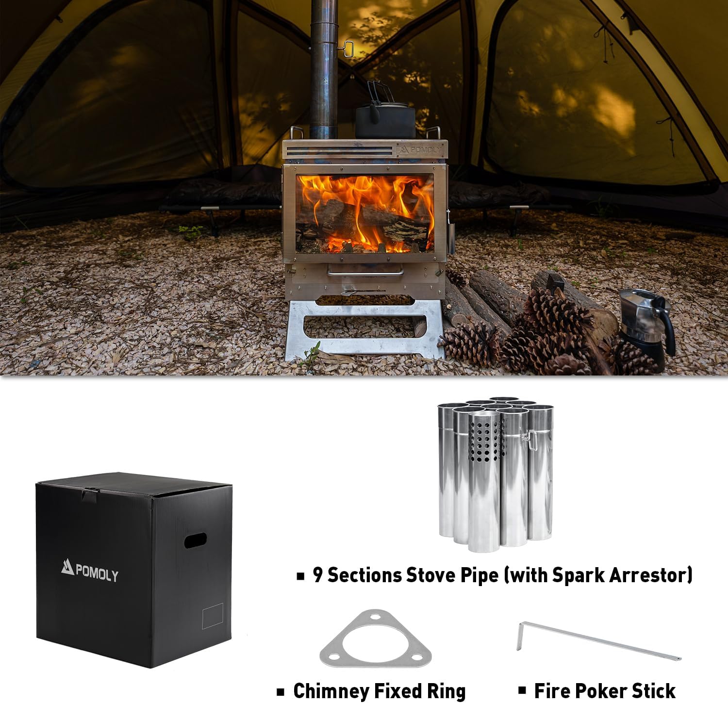 Camping Tent Stove Wood Stove, Dweller Max 3 Stainless Steel Wood Burning Stove for Hiking, Cooking, Heating (with 3 Glasses) · v10