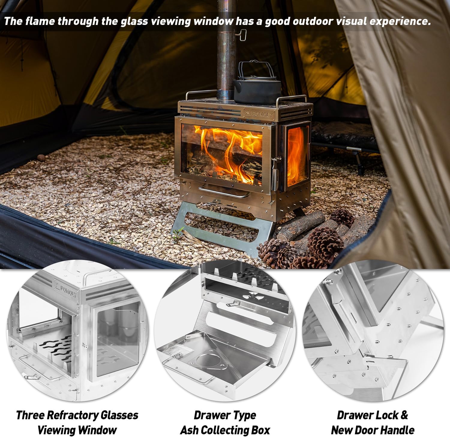 Camping Tent Stove Wood Stove, Dweller Max 3 Stainless Steel Wood Burning Stove for Hiking, Cooking, Heating (with 3 Glasses) · v10