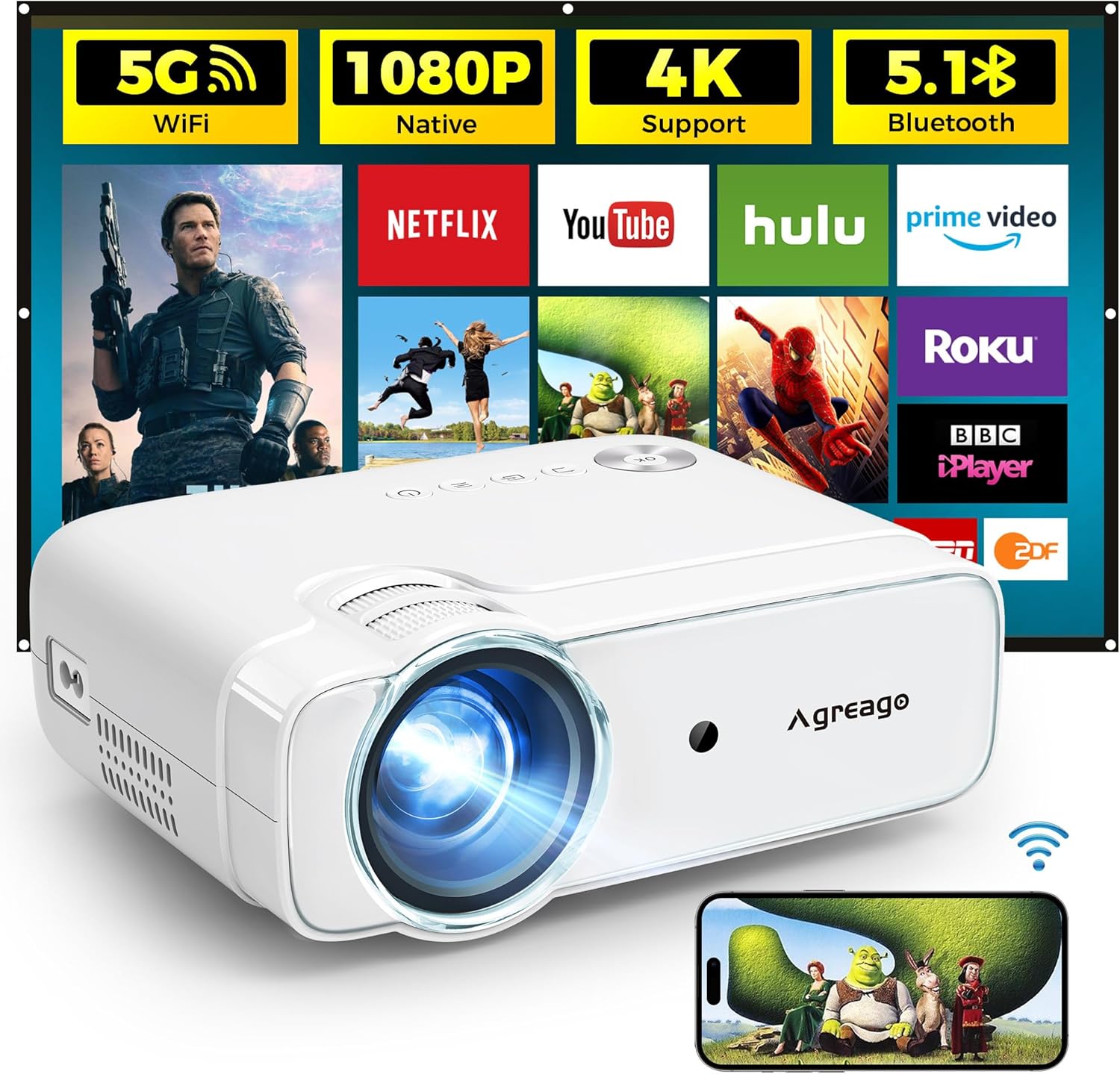 Projector with WiFi and Bluetooth, 5G WiFi 4K Supported Native 1080P 14000L, AGREAGO Portable Outdoor Projector with Screen, Home Theater Projector Compatible with TV Stick/iOS/Android/Win/HDMI/USB · v3