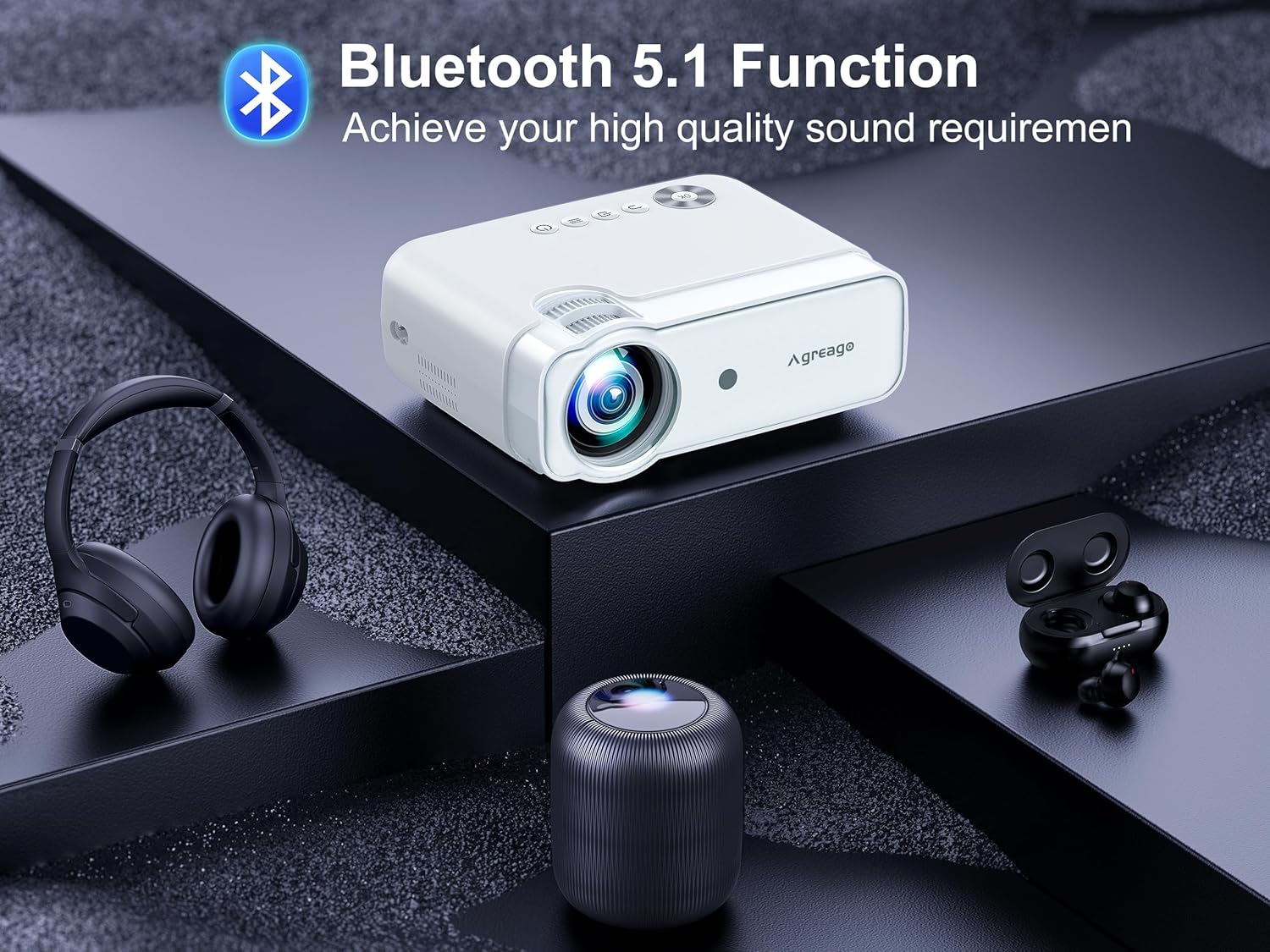 Proiettore con WiFi e Bluetooth, supporto 5G WiFi 4K 1080P 14000L nativo, proiettore portatile per esterni AGREAGO con schermo, proiettore home theater compatibile con TV Stick/iOS/Android/Win/HDMI/USB