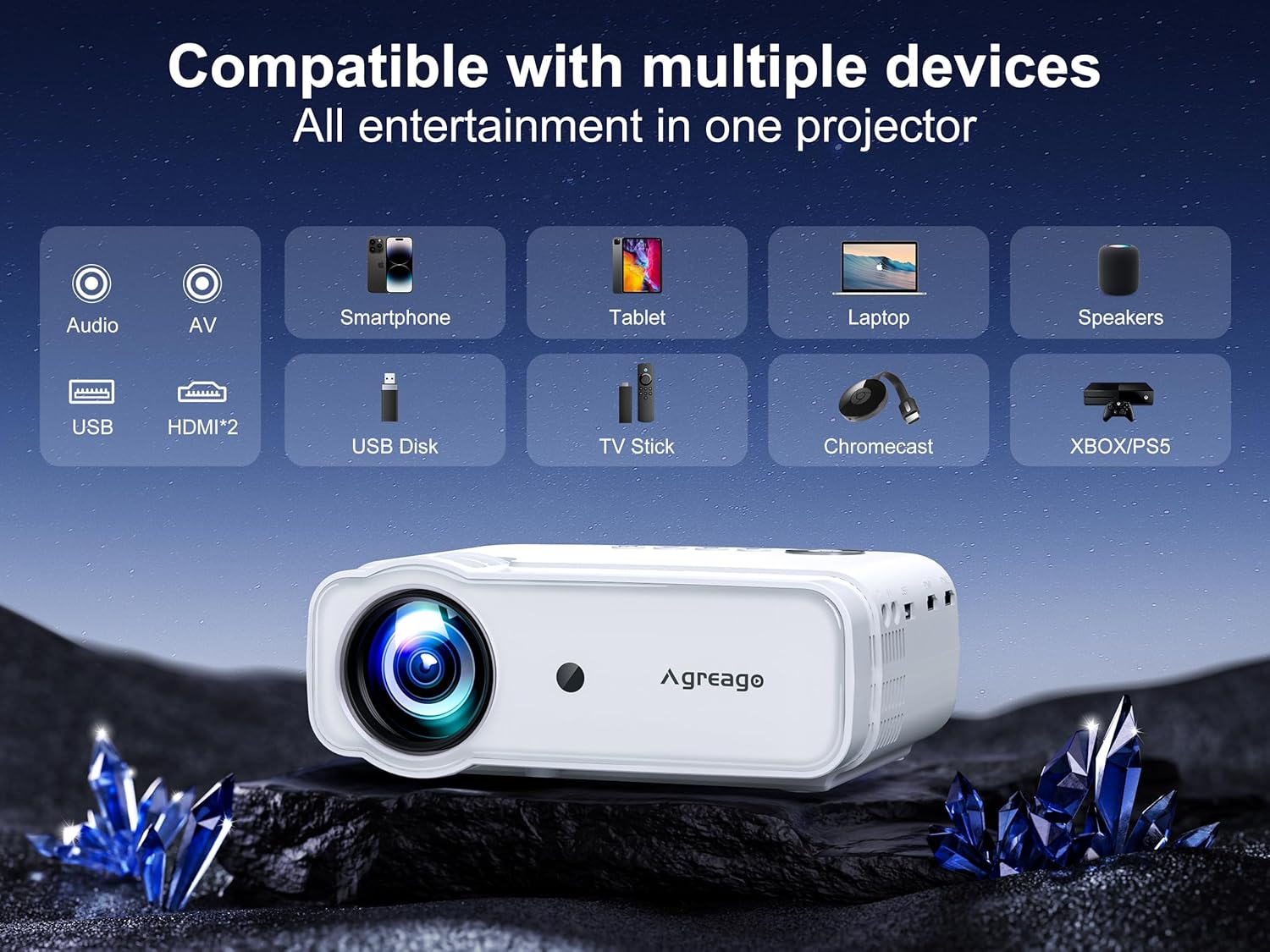 Proiettore con WiFi e Bluetooth, supporto 5G WiFi 4K 1080P 14000L nativo, proiettore portatile per esterni AGREAGO con schermo, proiettore home theater compatibile con TV Stick/iOS/Android/Win/HDMI/USB
