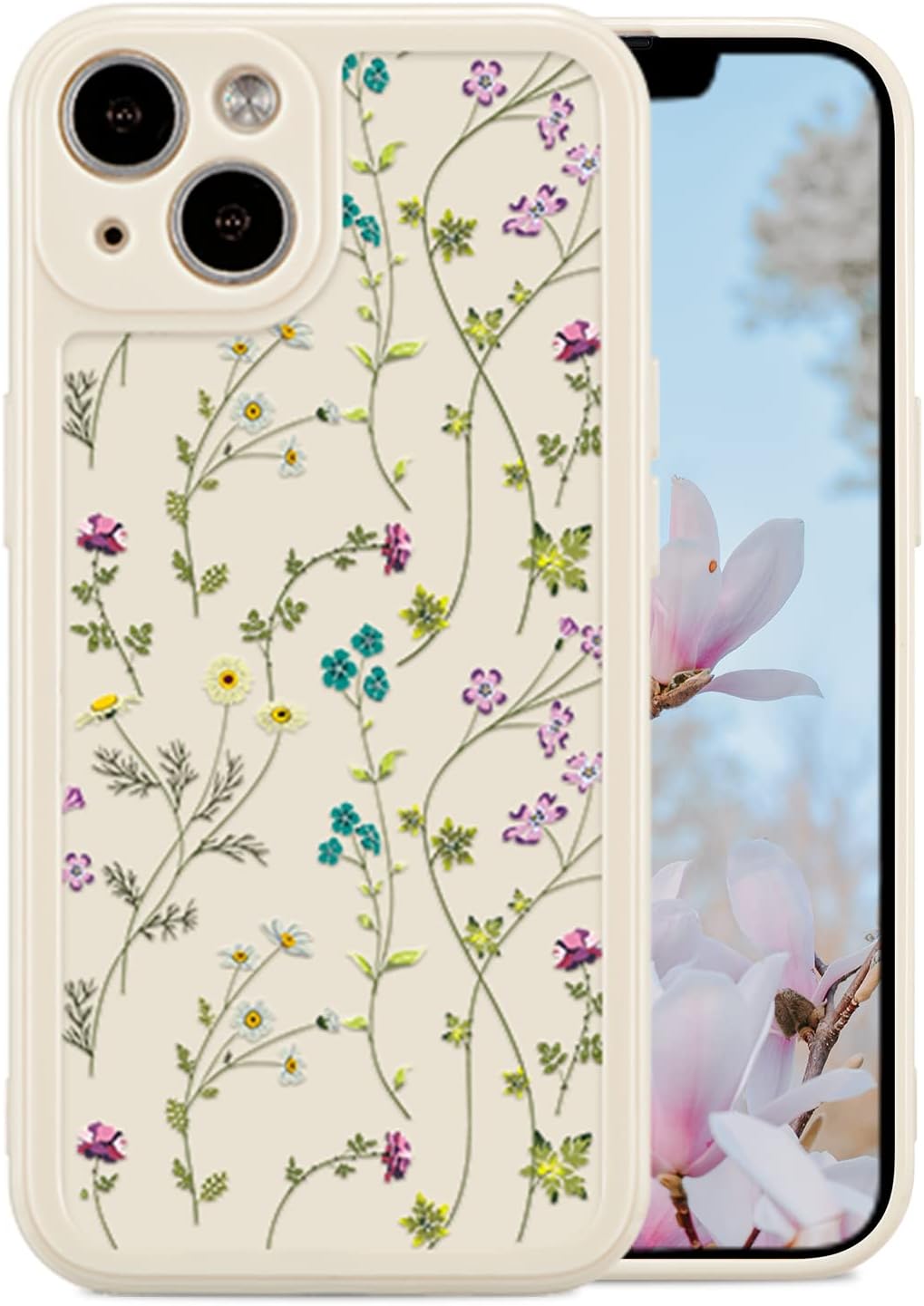 RALEAVO Floral Case for iPhone 14, Flower Branch Pattern Design Cute Cover Case for Girls Women Slim Thin Soft Silicone Shockproof Anti-Slip Phone Case for iPhone 14 (6.1),Beige