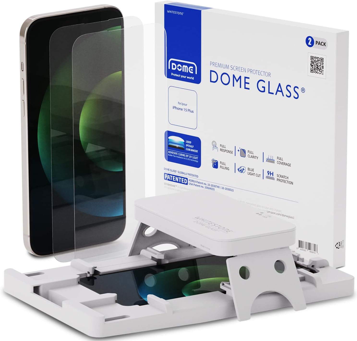 DOME GLASS Whitestone Screen Protector for iPhone 15 Plus, Full Tempered Glass Shield with Liquid Dispersion Tech [Easy to Install Kit] Smart Phone Screen Guard - 2pack