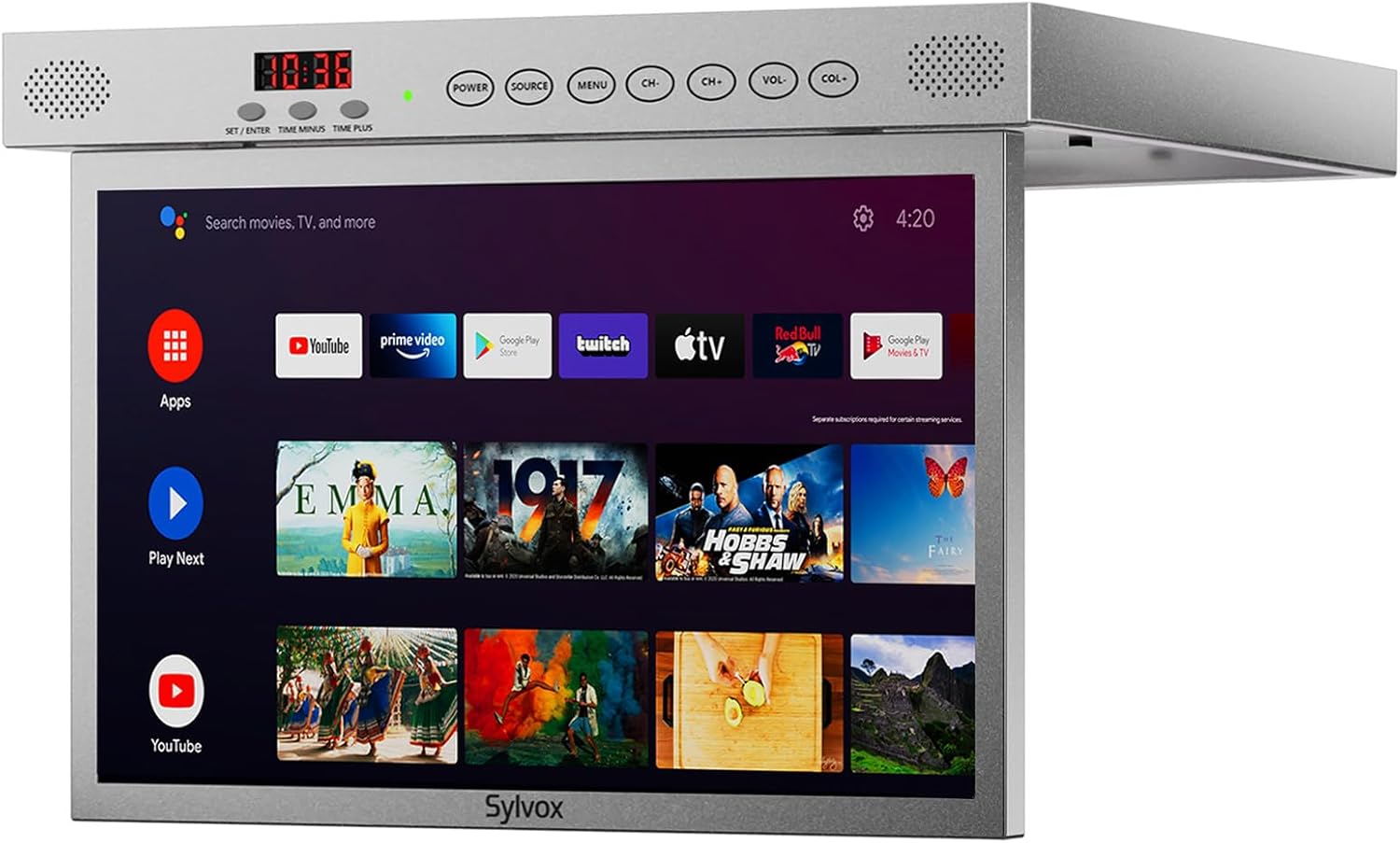 SYLVOX 15.6 ทีวีอัจฉริยะพับลงใต้ตู้ครัว Android 11.0 รองรับการเชื่อมต่อ WiFi ไร้สายแบบหมุนได้ 360 องศา ออกแบบเพื่อการจัดเก็บของสำหรับห้องครัว ห้องนอน เรือยอทช์ RV (สีเงิน) สีดำ