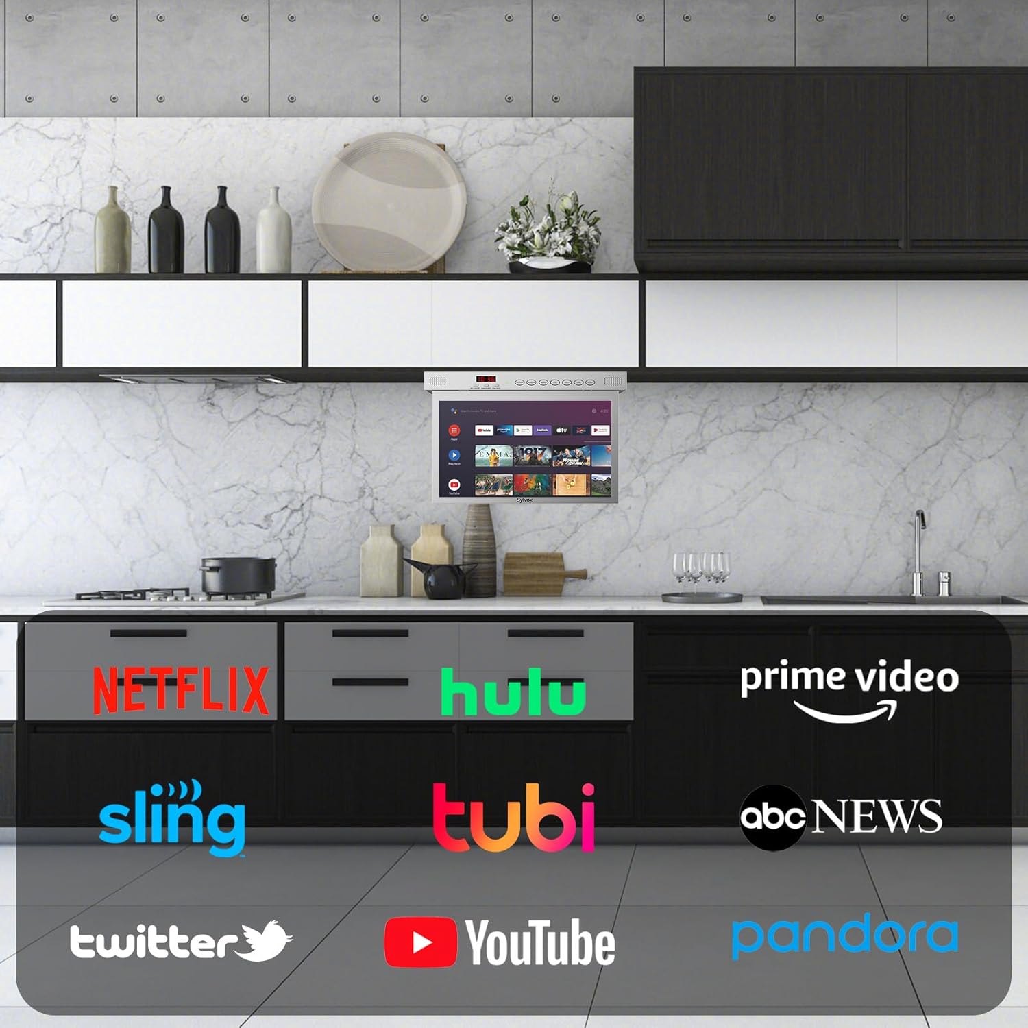 SYLVOX 15.6 Flip Down Smart TV Under Cabinet Kitchen TV Android 11.0 Supports 360 Degree Rotation WiFi  Wireless Connection, Storage Design for Kitchen Bedroom RV Yacht (Silver),Black · v8
