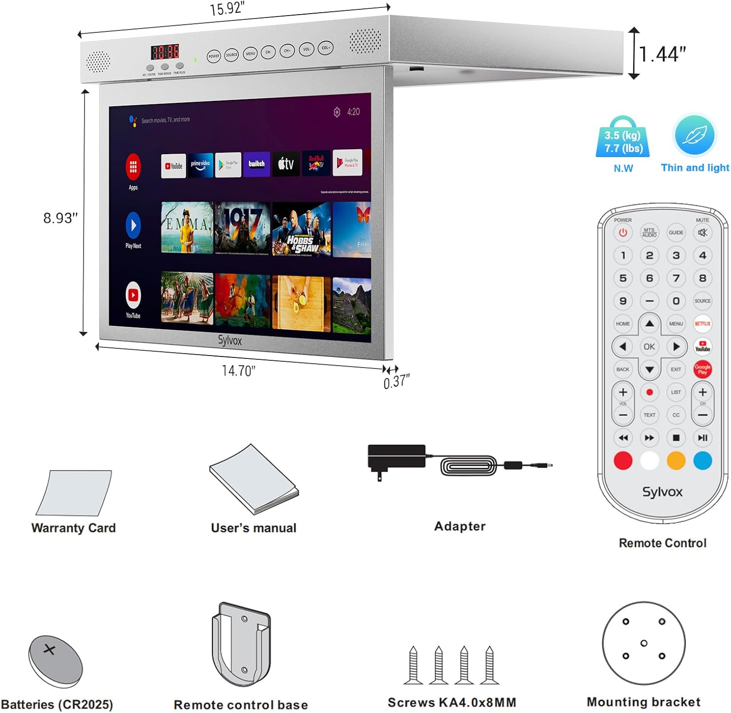 SYLVOX 15.6 Flip Down Smart TV Under Cabinet Kitchen TV Android 11.0 Supports 360 Degree Rotation WiFi  Wireless Connection, Storage Design for Kitchen Bedroom RV Yacht (Silver),Black · v8