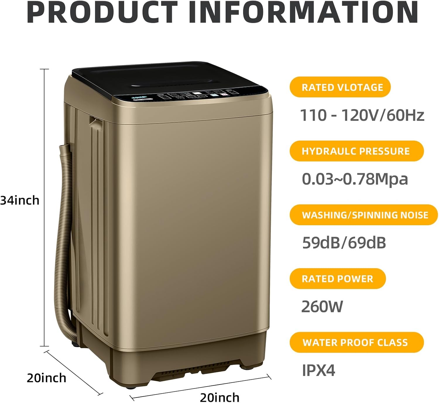 Full Automatic Washing Machine, AYCLIF 17.7 lbs Apartment Washing Machine with Drain Pump,10 Wash Programs 8 Water Levels,for Dorm Apartment RV Full-Automatic Washing Machines, 21D x 21"W x 35"H · v4