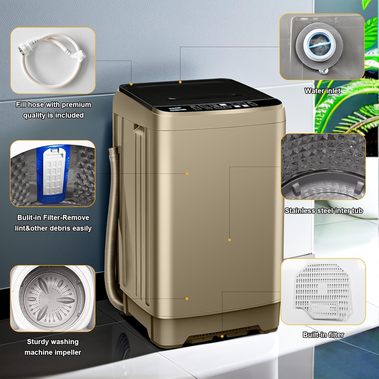 Full Automatic Washing Machine, AYCLIF 17.7 lbs Apartment Washing Machine with Drain Pump,10 Wash Programs 8 Water Levels,for Dorm Apartment RV Full-Automatic Washing Machines, 21D x 21"W x 35"H · v4
