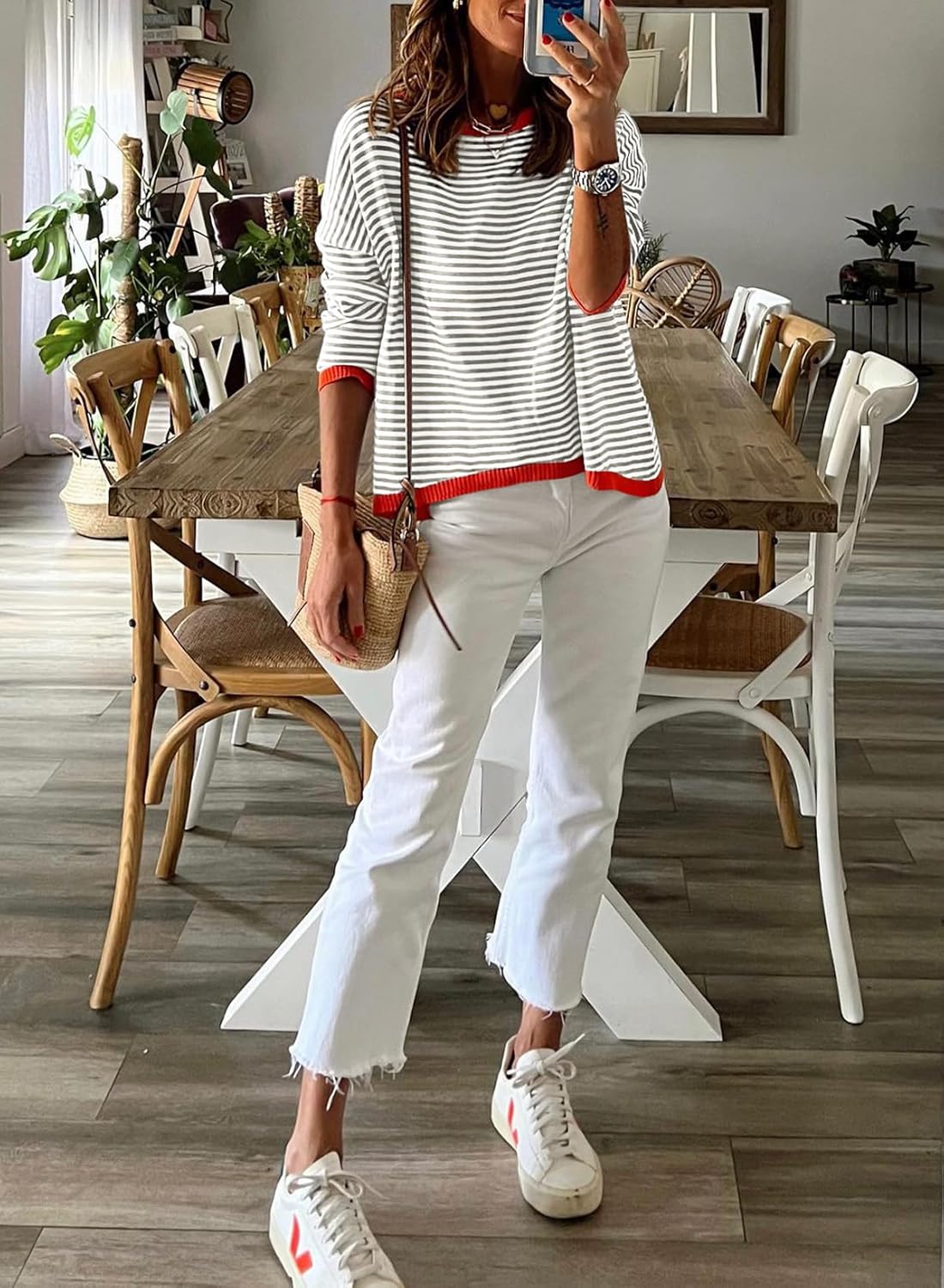 Womens Lightweight Cotton Sweaters Long Sleeve Crew Neck Color Block Striped Knitted Pullover Tops · v2