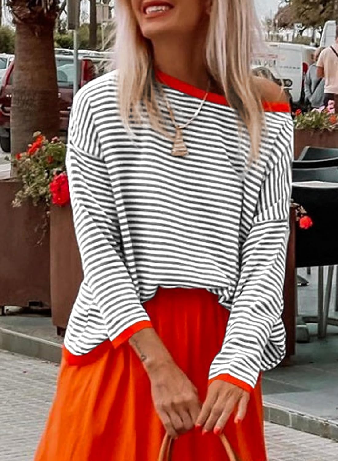Womens Lightweight Cotton Sweaters Long Sleeve Crew Neck Color Block Striped Knitted Pullover Tops · v2