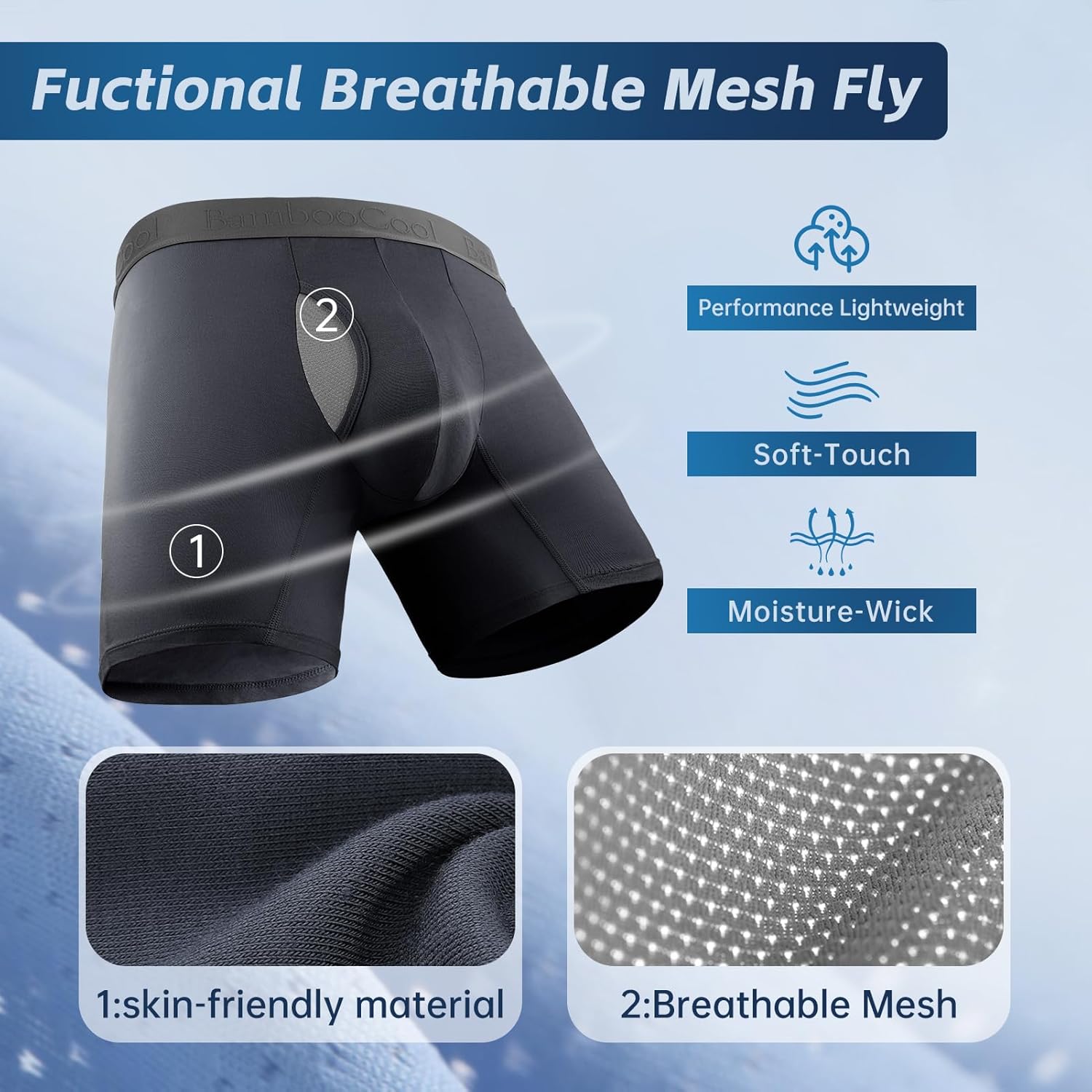 BAMBOO COOL Boxershorts für Herren, atmungsaktiv, atmungsaktiv, Flyzone, feuchtigkeitsableitend, 4er-Pack