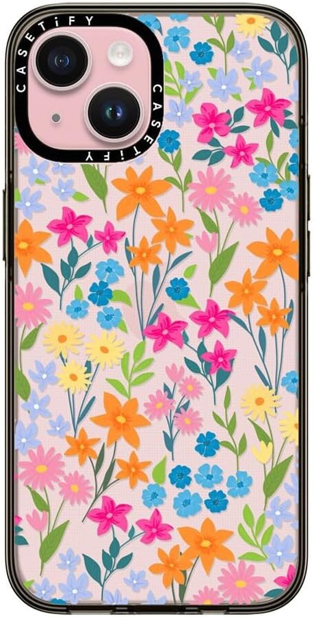 CASETiFY Compact Case for iPhone 15 [2X Military Grade Drop Tested / 4ft Drop Protection] - Bright Spring Flowers - Daisy Floral Pattern - Clear Black