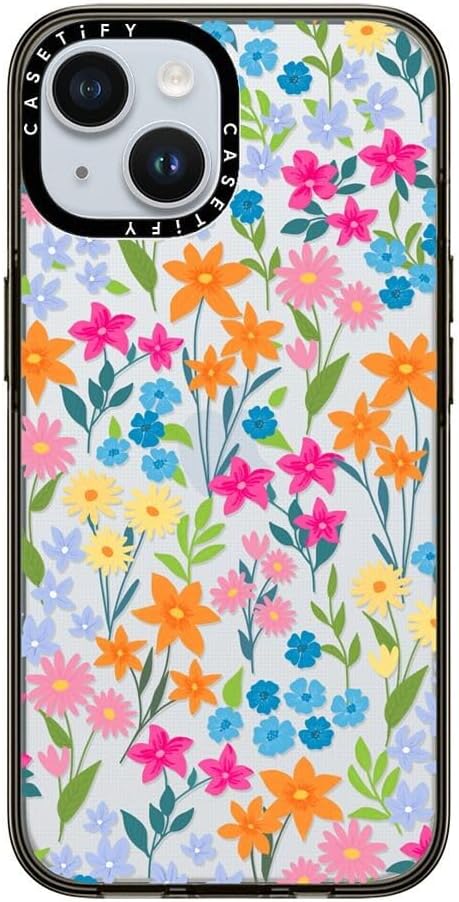 CASETiFY Compact Case for iPhone 15 [2X Military Grade Drop Tested / 4ft Drop Protection] - Bright Spring Flowers - Daisy Floral Pattern - Clear Black