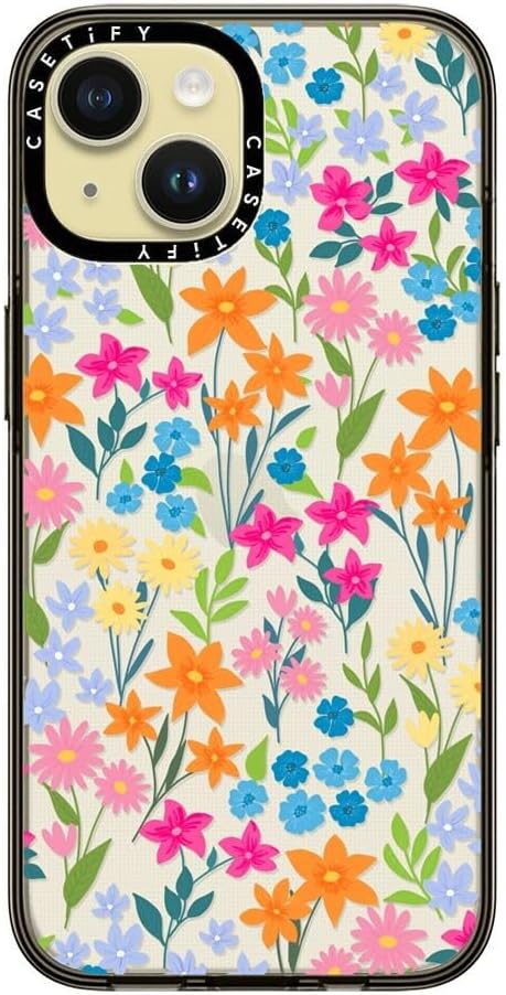 CASETiFY Compact Case for iPhone 15 [2X Military Grade Drop Tested / 4ft Drop Protection] - Bright Spring Flowers - Daisy Floral Pattern - Clear Black