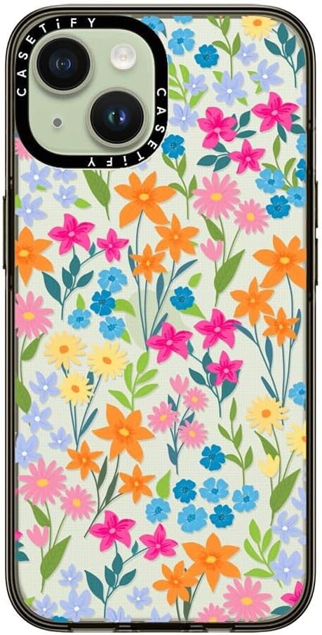 CASETiFY Compact Case for iPhone 15 [2X Military Grade Drop Tested / 4ft Drop Protection] - Bright Spring Flowers - Daisy Floral Pattern - Clear Black