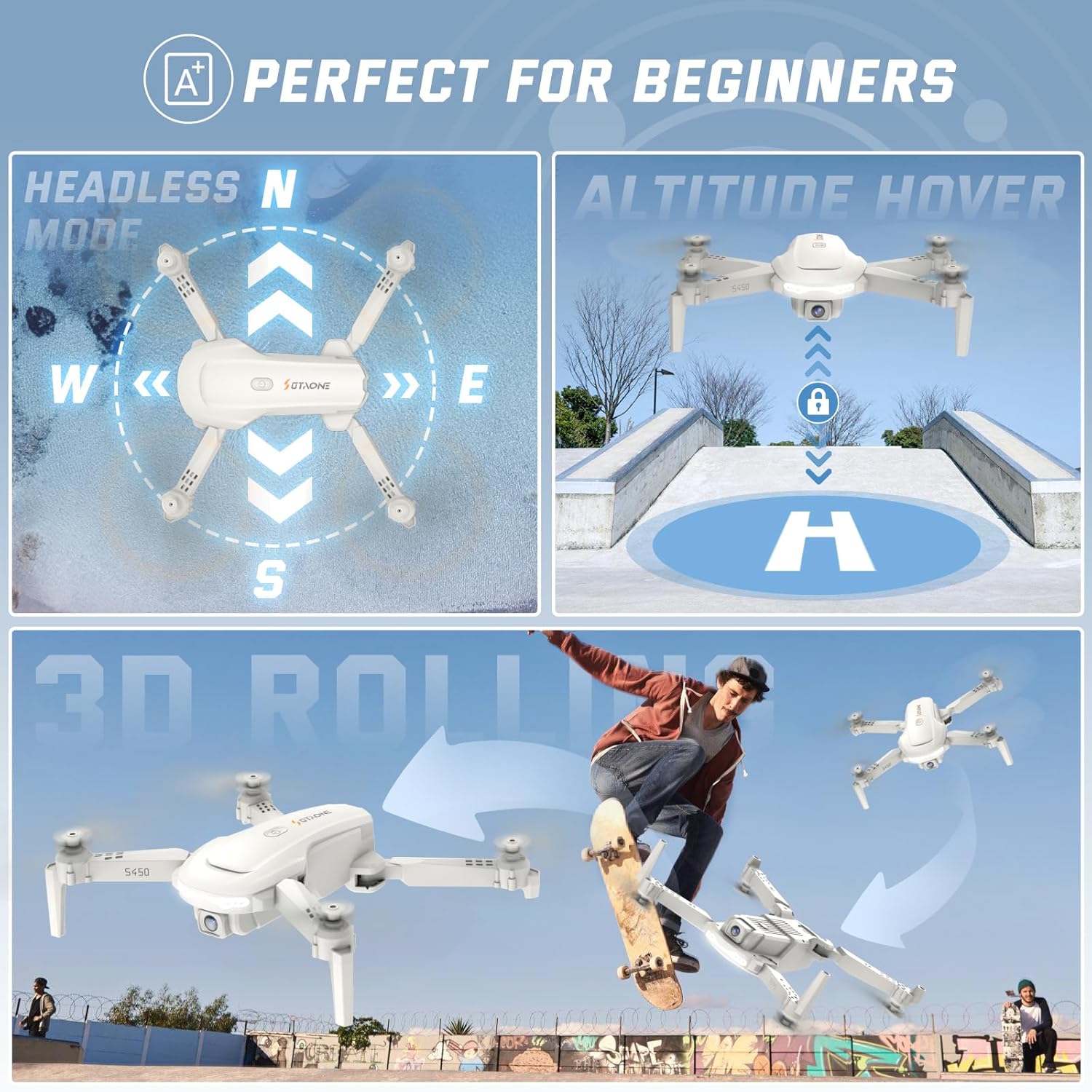 Droni S450 con videocamera HD 1080P per adulti, droni WiFi FPV per bambini con custodia per il trasporto, One Key TakeOff/Land, Altitude Hold, 3D Flip, mini quadricottero RC pieghevole, regali per principianti