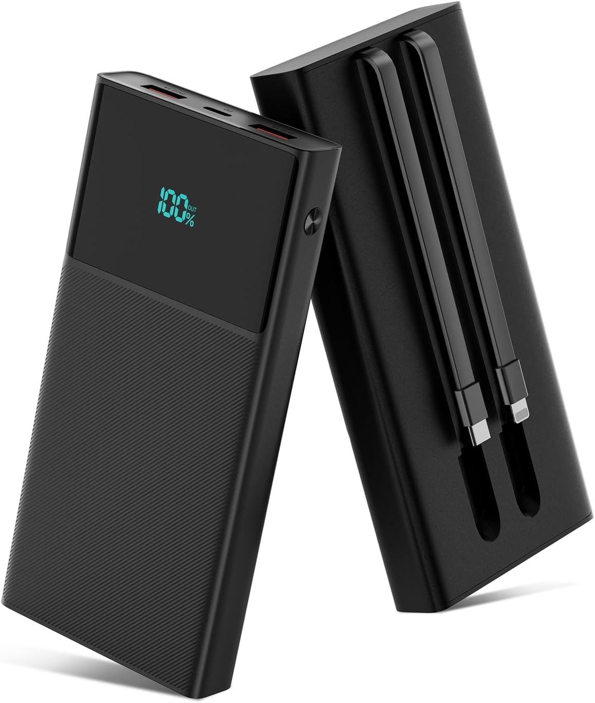 Portable Charger Power Bank with 2 Built in Cables(USB-C and iOS), 13000mAh PD Fast Charging Durable Phone Charger with LED Display, Battery Pack Backup Charger for iPhone, Android,etc - Black(1 Pack)