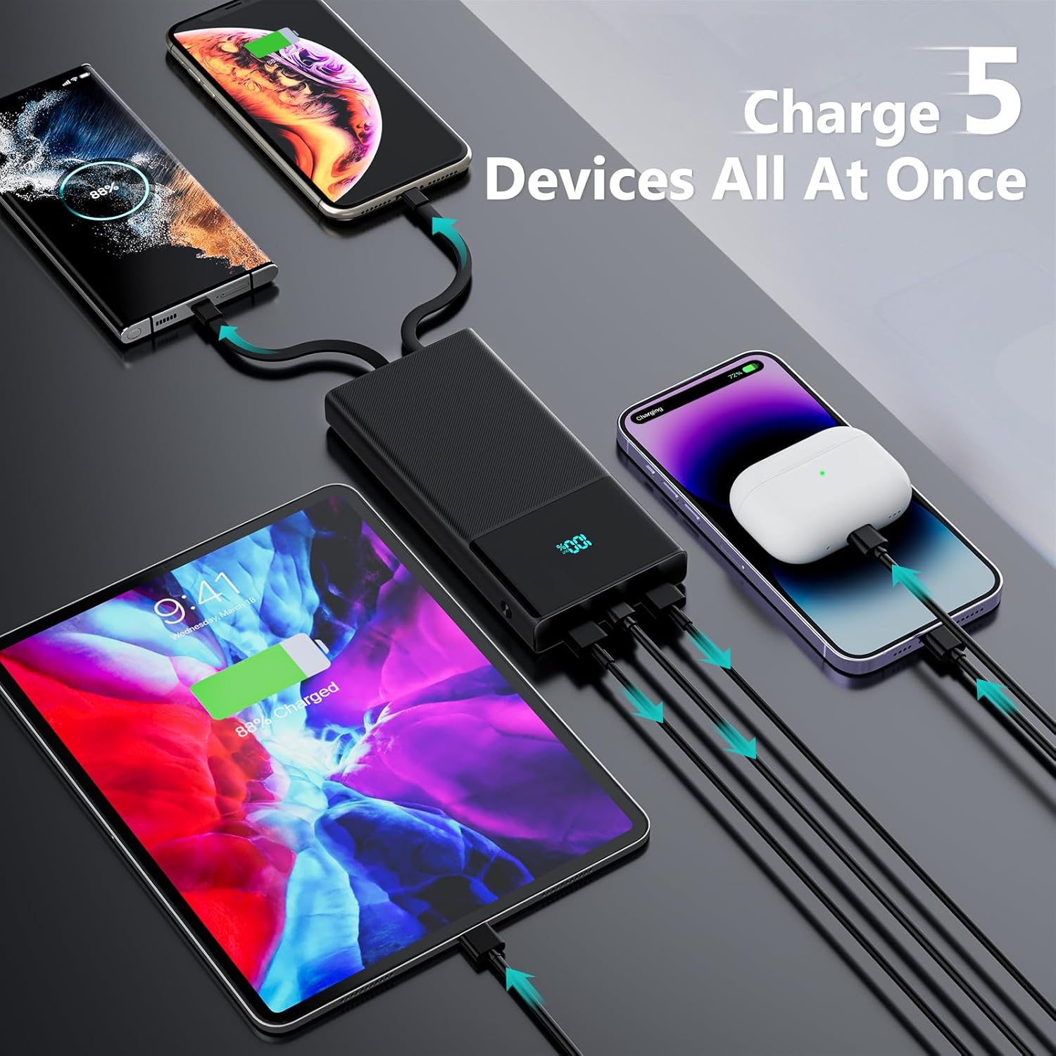 Portable Charger Power Bank with 2 Built in Cables(USB-C and iOS), 13000mAh PD Fast Charging Durable Phone Charger with LED Display, Battery Pack Backup Charger for iPhone, Android,etc - Black(1 Pack)