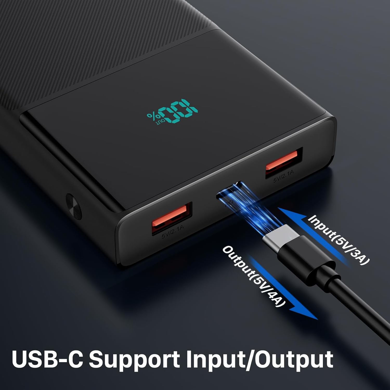 Portable Charger Power Bank with 2 Built in Cables(USB-C and iOS), 13000mAh PD Fast Charging Durable Phone Charger with LED Display, Battery Pack Backup Charger for iPhone, Android,etc - Black(1 Pack)