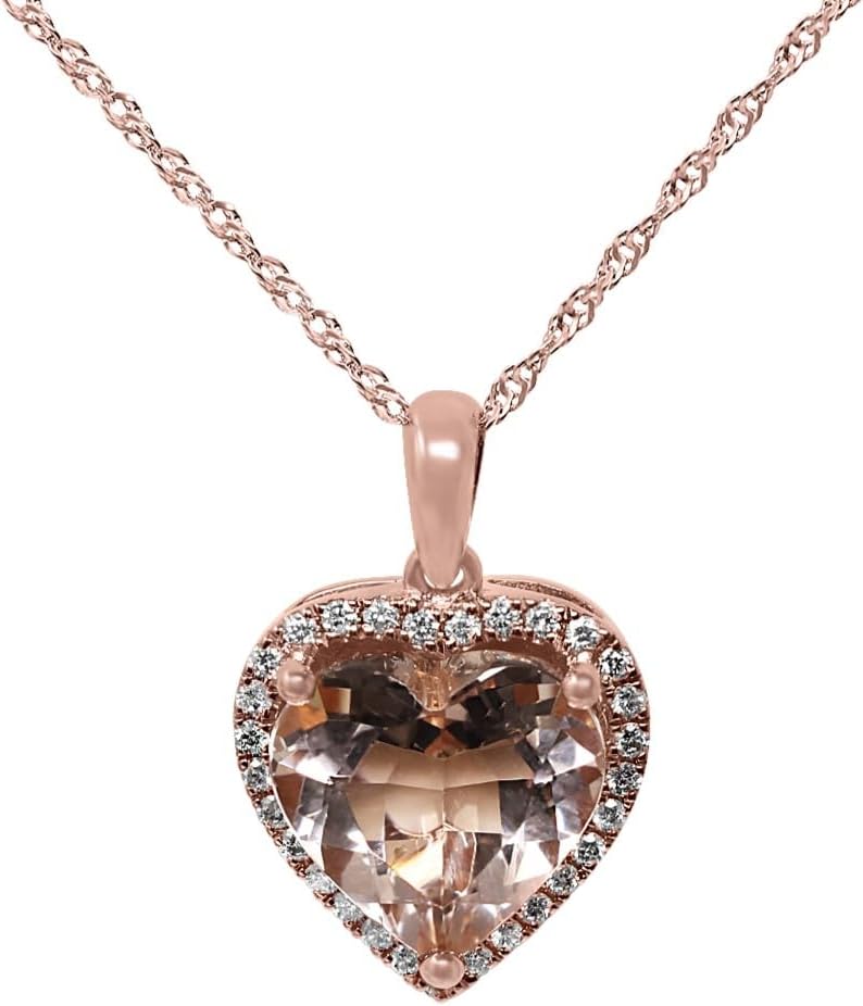 14K Rose Gold Genuine Morganite 2-5/8 Ct Heart Diamond Pendant Necklace · v3