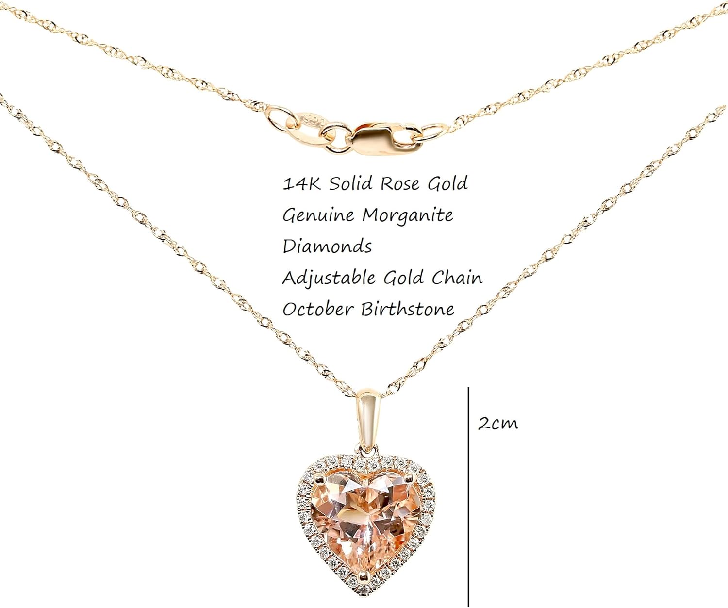 14K Rose Gold Genuine Morganite 2-5/8 Ct Heart Diamond Pendant Necklace · v3