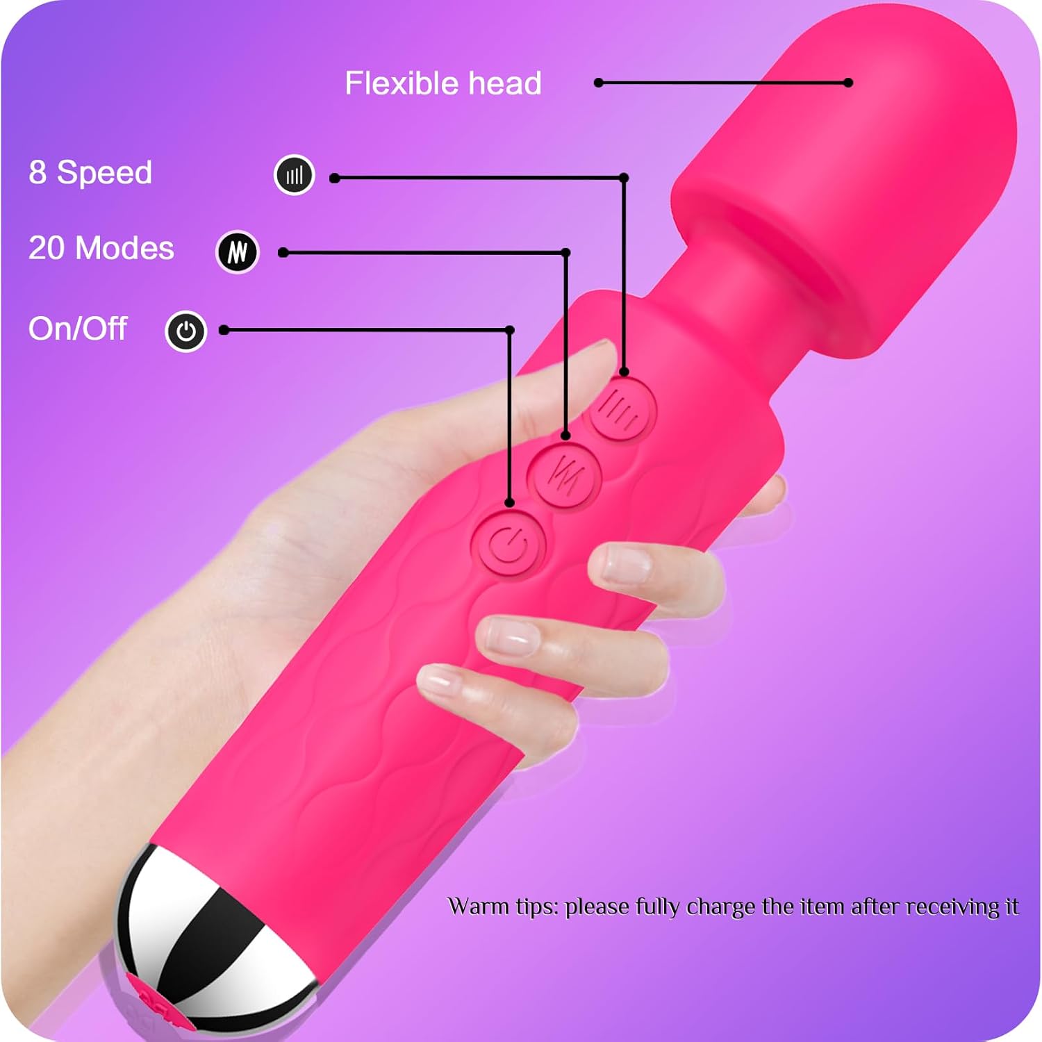 Vibrator Wand,Adult Sex Toy Wand, G Spot Dildo, Clit Vibrator, Sex Vibrators,Clitoris Stimulation,with 8 Speeds 20 Patterns, Quiet,Fully Waterproof,Vibrating Wand for her Pleasure (Rose Red) · v2