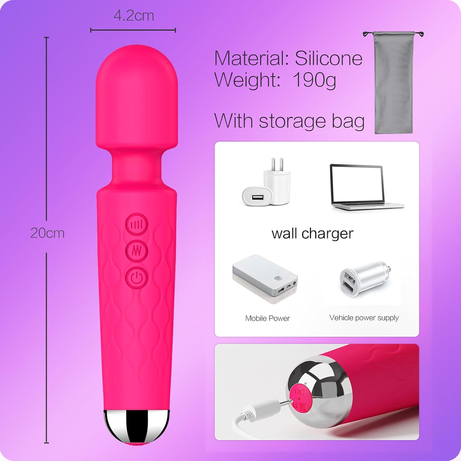 Vibrator Wand,Adult Sex Toy Wand, G Spot Dildo, Clit Vibrator, Sex Vibrators,Clitoris Stimulation,with 8 Speeds 20 Patterns, Quiet,Fully Waterproof,Vibrating Wand for her Pleasure (Rose Red) · v2