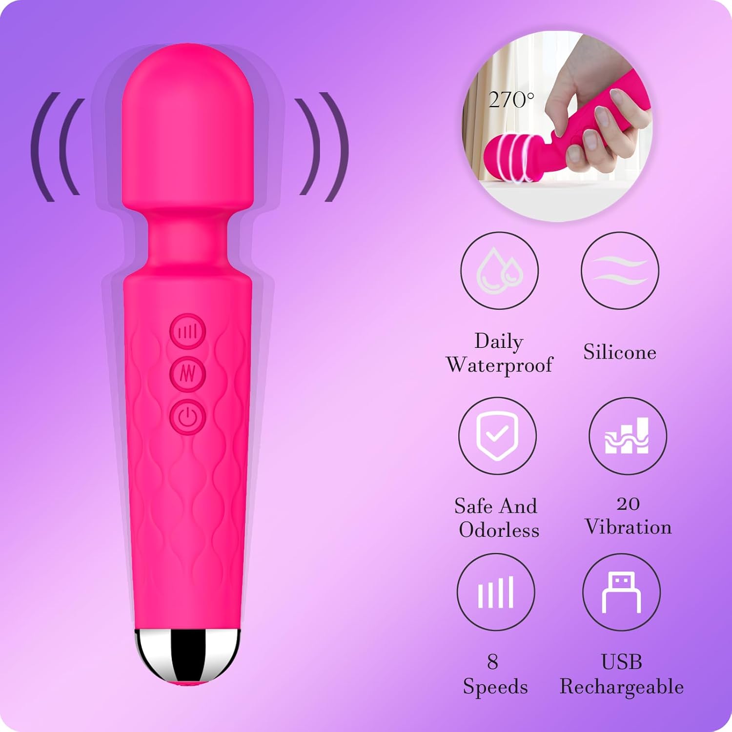 Vibrator Wand,Adult Sex Toy Wand, G Spot Dildo, Clit Vibrator, Sex Vibrators,Clitoris Stimulation,with 8 Speeds 20 Patterns, Quiet,Fully Waterproof,Vibrating Wand for her Pleasure (Rose Red) · v2
