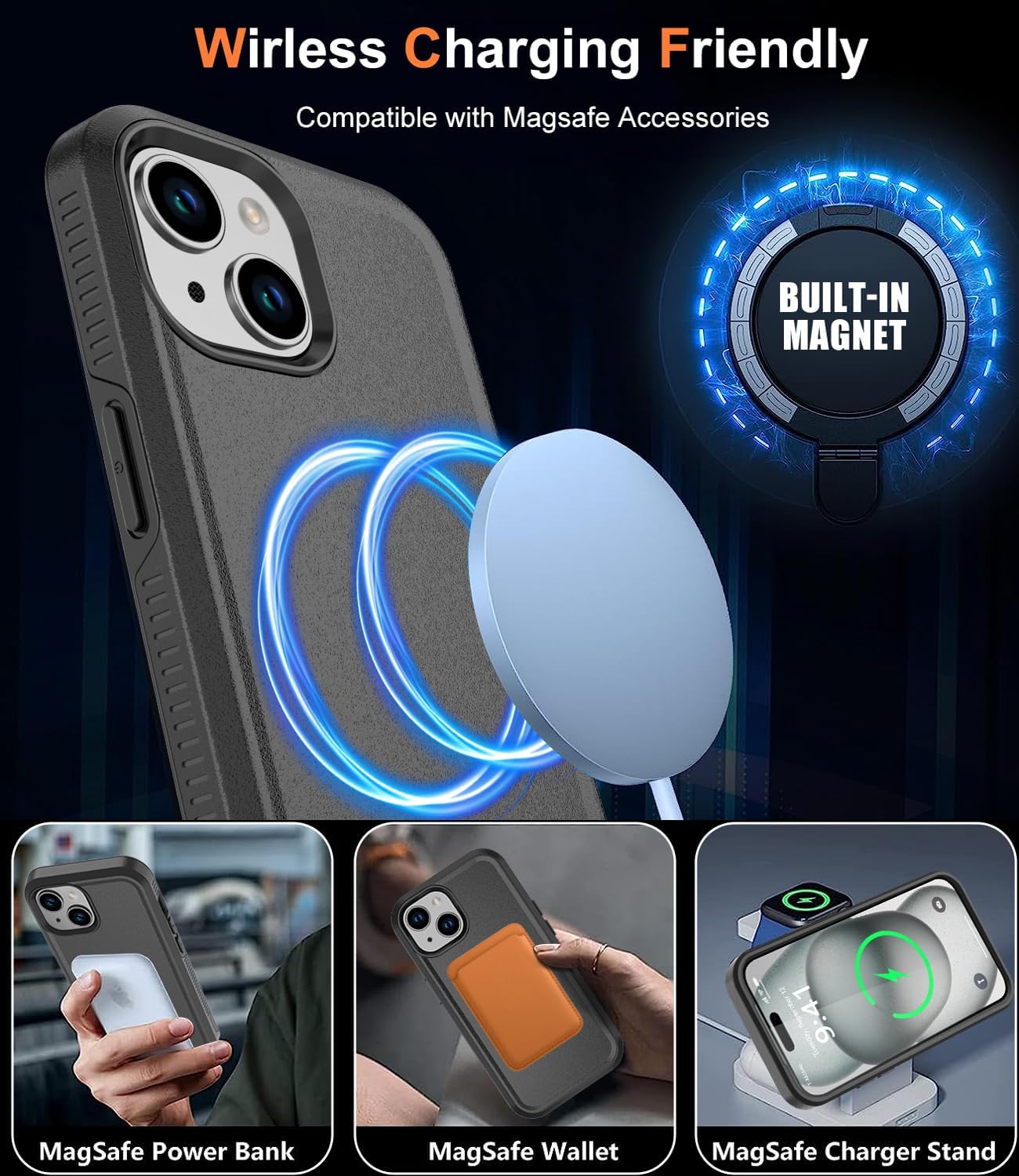 Magnetic for iPhone 15 Case, [Compatible with Magsafe] [10 FT Military Grade Anti-Drop] [with Tempered Glass Screen Protector] Phone Case for iPhone 15 6.1 inch -Black · v2