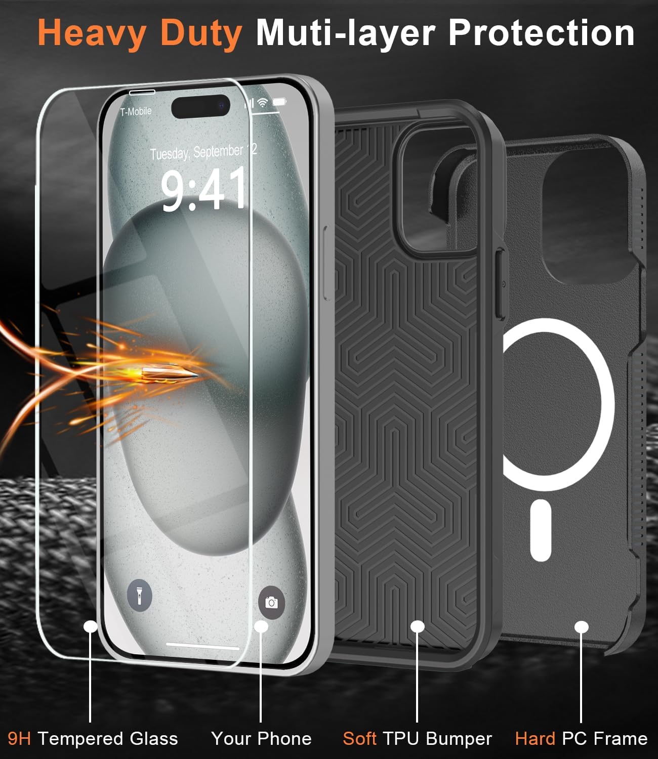 Magnetic for iPhone 15 Case, [Compatible with Magsafe] [10 FT Military Grade Anti-Drop] [with Tempered Glass Screen Protector] Phone Case for iPhone 15 6.1 inch -Black · v2