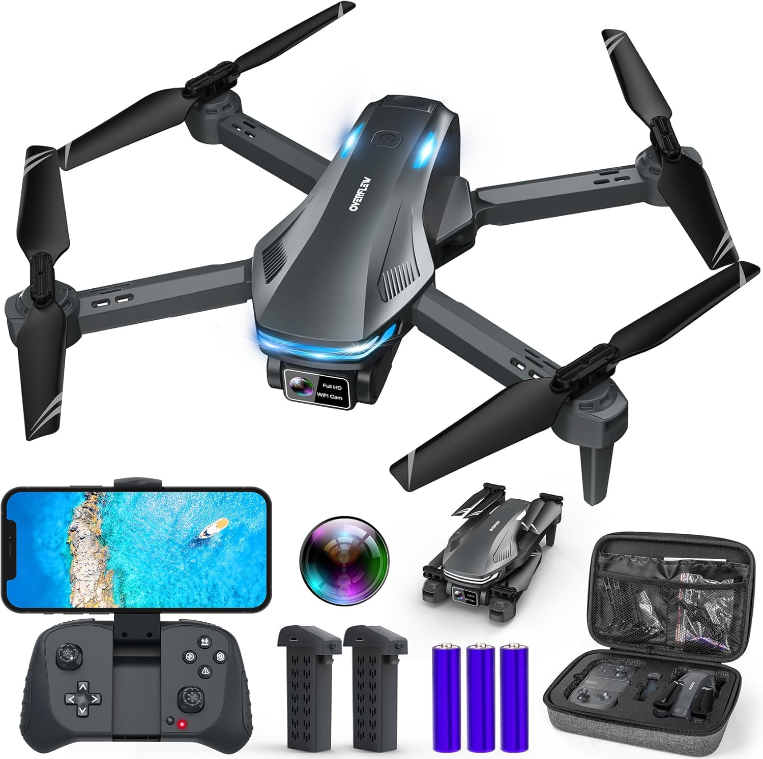 Drone avec caméra pour adultes, drones FPV 1080P pour débutants avec maintien de l'altitude amélioré, commande vocale, selfie gestuel, objectif réglable à 90°, flips 3D, 2 batteries