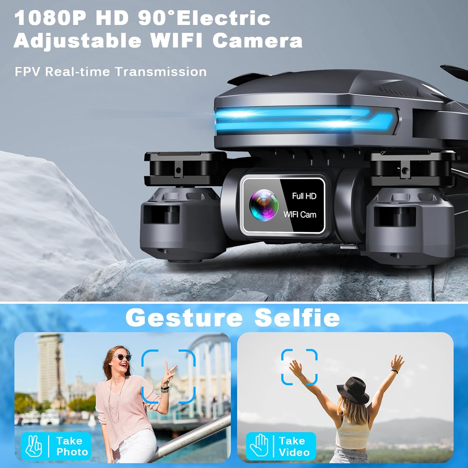 Drone with Camera for Adults, 1080P FPV Drones for Beginners with Upgrade Altitude Hold, Voice Control, Gestures Selfie, 90° Adjustable Lens, 3D Flips, 2 Batteries · v4
