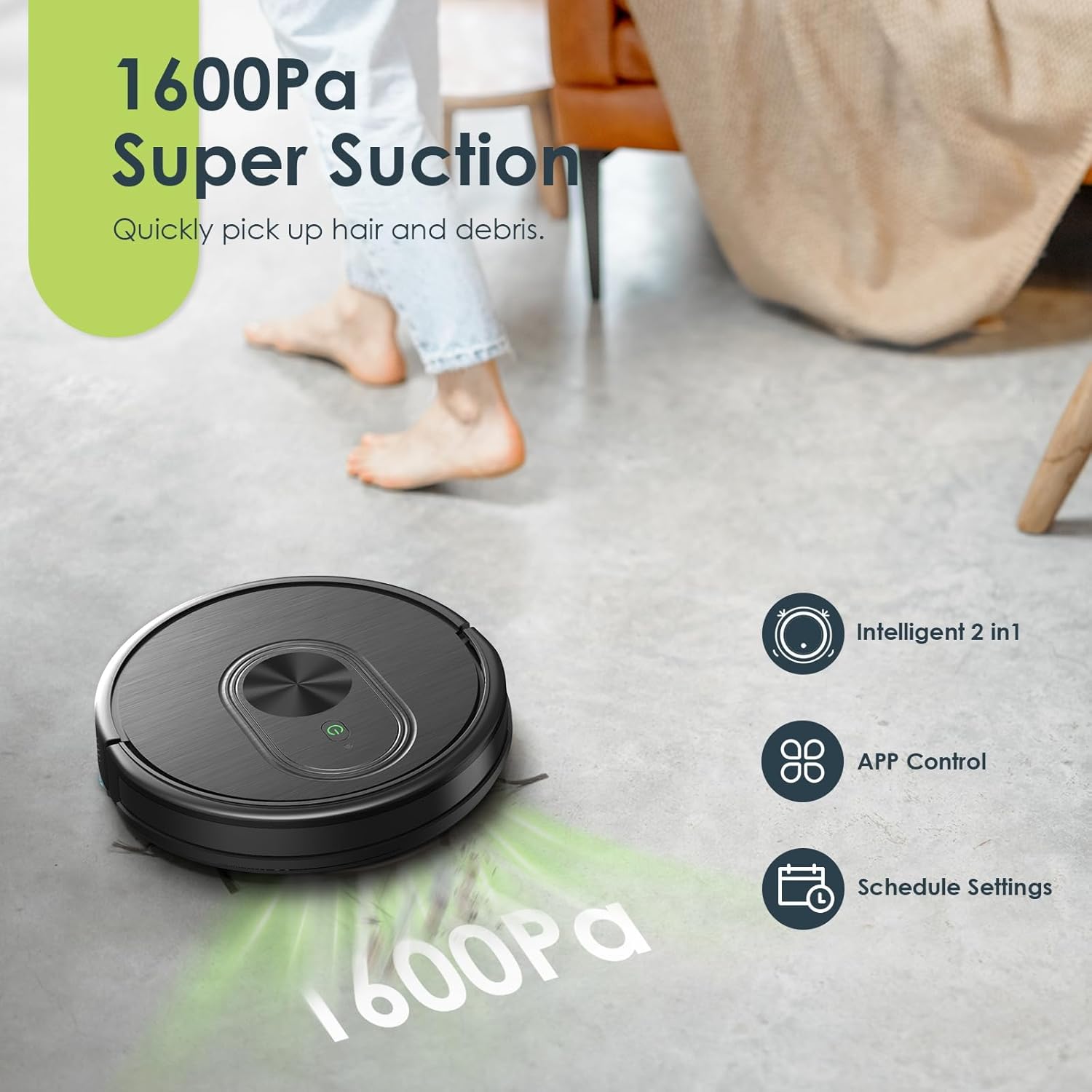 Robot Vacuum and Mop Combo, 3 in 1 Mopping Robotic Vacuum with Schedule, App/Bluetooth/Alexa, 1600Pa Max Suction, Self-Charging Robot Vacuum Cleaner, Slim, Ideal for Hard Floor, Pet Hair, Carpet · v4