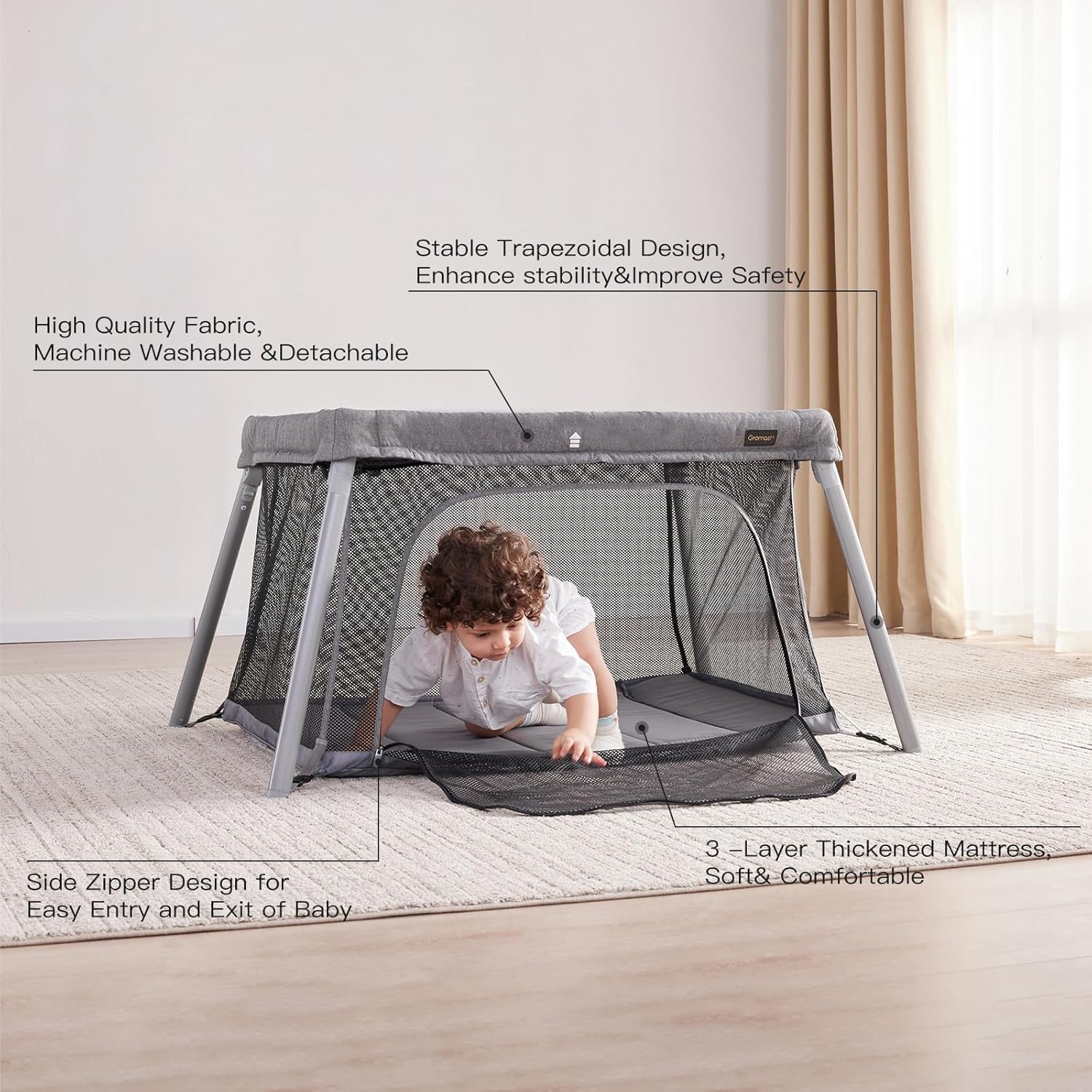 Travel Crib for Toddler, 2 in 1 Portable Crib for Baby Travel, Lightweight Playpen Foldable Playard with Soft Mattress, Easy to Carry Baby Travel Bed for Outdoor,Indoor (Grey) · v2