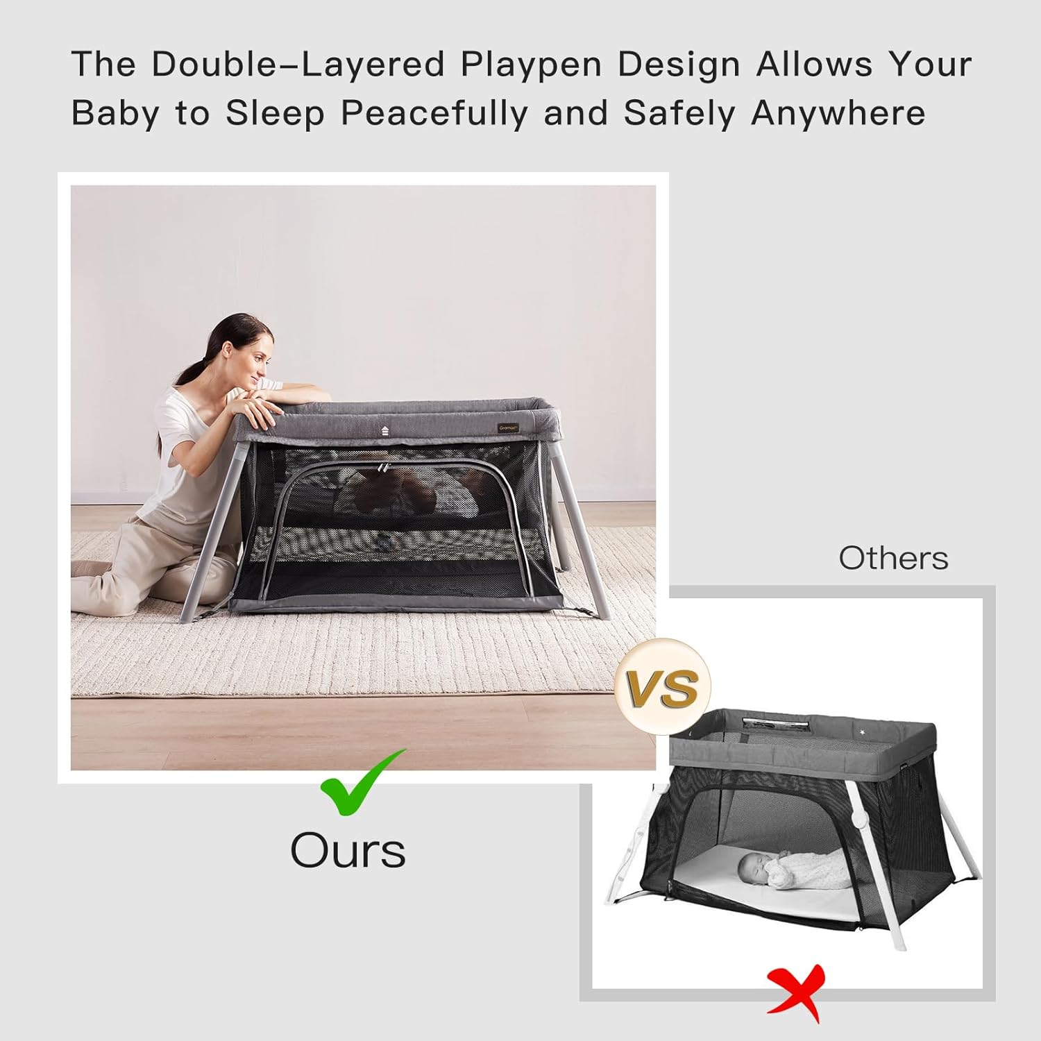 Travel Crib for Toddler, 2 in 1 Portable Crib for Baby Travel, Lightweight Playpen Foldable Playard with Soft Mattress, Easy to Carry Baby Travel Bed for Outdoor,Indoor (Grey) · v2