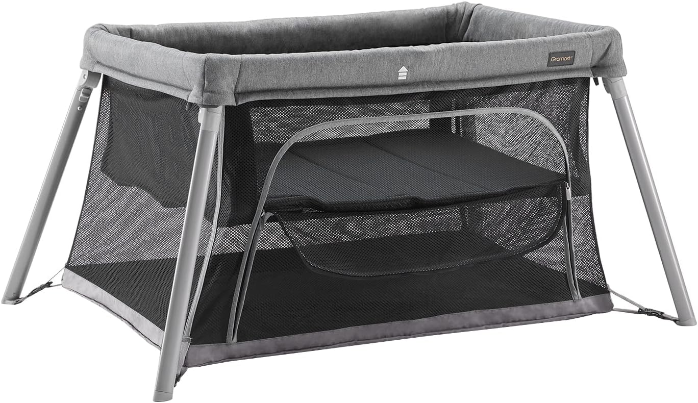 Travel Crib for Toddler, 2 in 1 Portable Crib for Baby Travel, Lightweight Playpen Foldable Playard with Soft Mattress, Easy to Carry Baby Travel Bed for Outdoor,Indoor (Grey) · v2