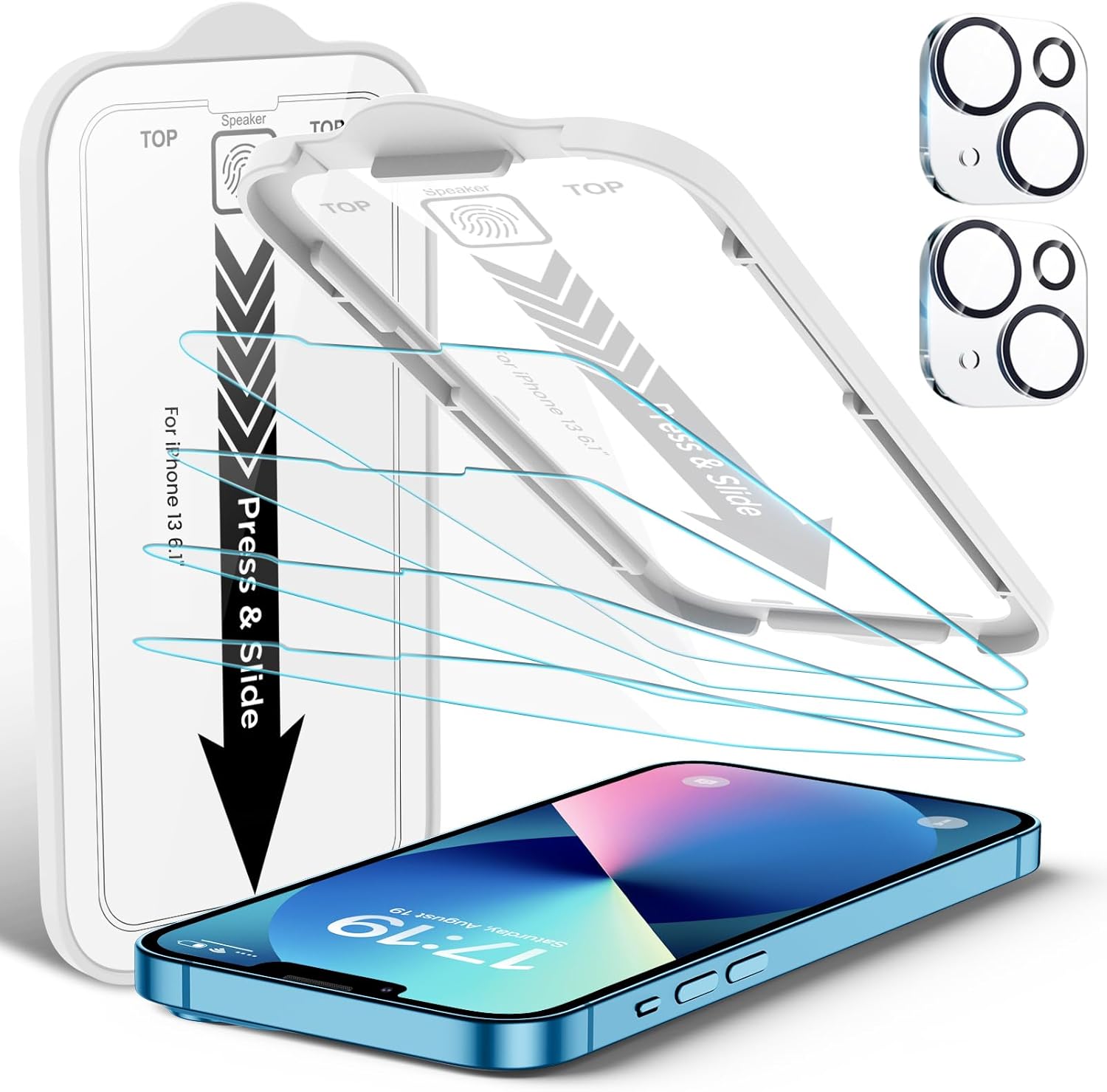 EZ-GLAZ-4 Pack Screen Protector for iPhone 13[6.1 inches] With 2 Pack Camera Lens Protector, [Drop Protection] 9H Hardness Scratch Resistant Tempered Glass Film, Easy to install - HD Clear
