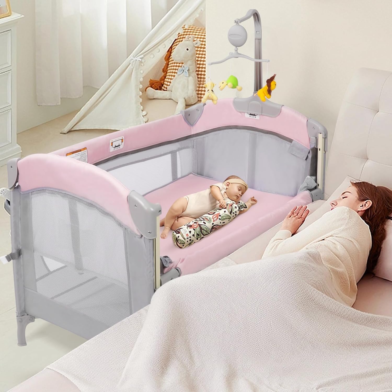 Tempat Tidur Bayi Perempuan 5-in-1, Tempat Tidur Bayi Perempuan Paket dan Tempat Tidur Bermain Warna Pink