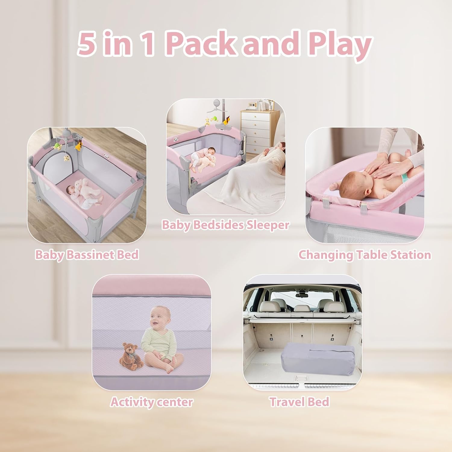 5-in-1-Babybett für Mädchen, Nachttisch, Rosa Stubenwagen Pack and Play, Nachttisch für Mädchen