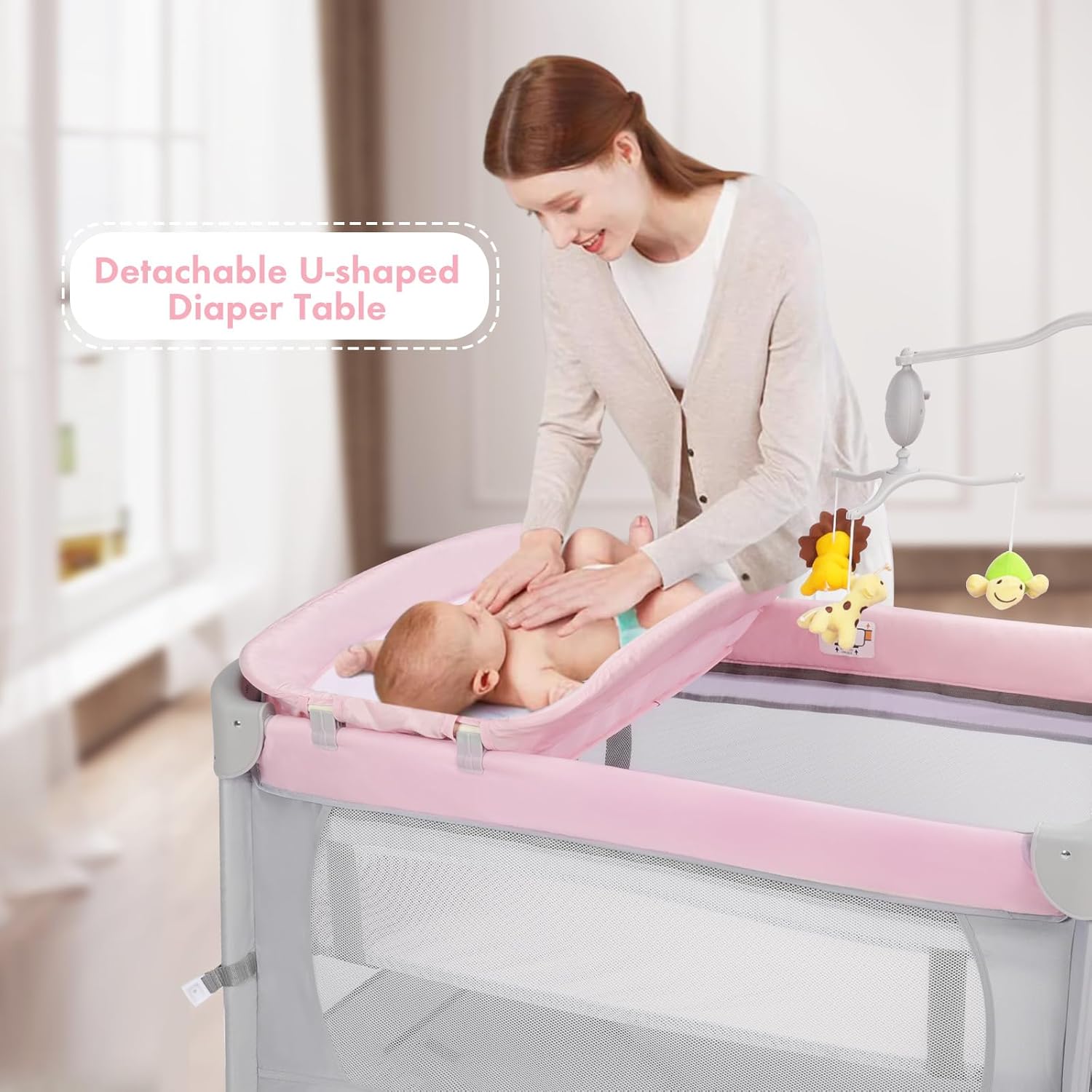 5-in-1-Babybett für Mädchen, Nachttisch, Rosa Stubenwagen Pack and Play, Nachttisch für Mädchen
