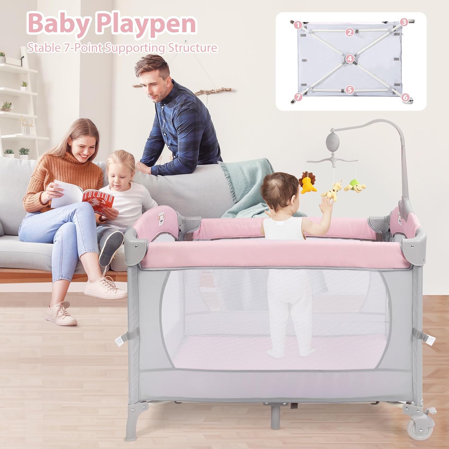 5-in-1-Babybett für Mädchen, Nachttisch, Rosa Stubenwagen Pack and Play, Nachttisch für Mädchen
