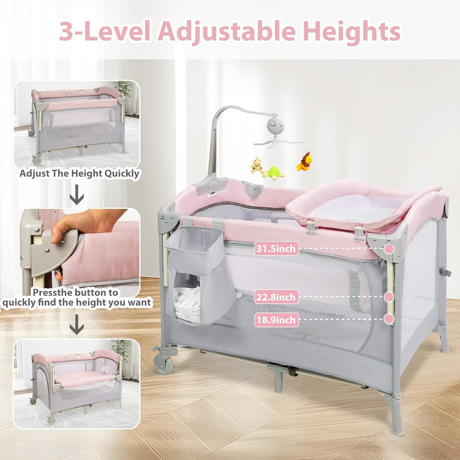 5-in-1-Babybett für Mädchen, Nachttisch, Rosa Stubenwagen Pack and Play, Nachttisch für Mädchen