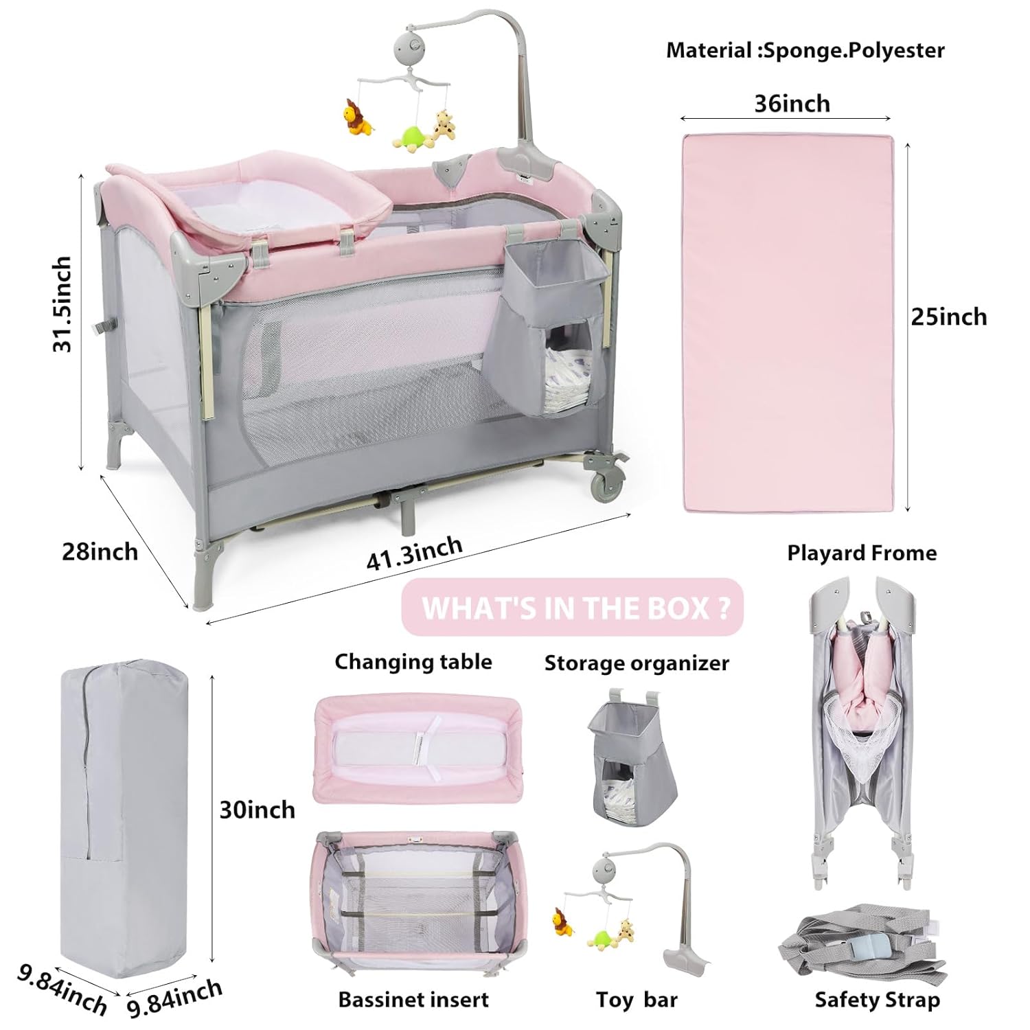 5-in-1-Babybett für Mädchen, Nachttisch, Rosa Stubenwagen Pack and Play, Nachttisch für Mädchen
