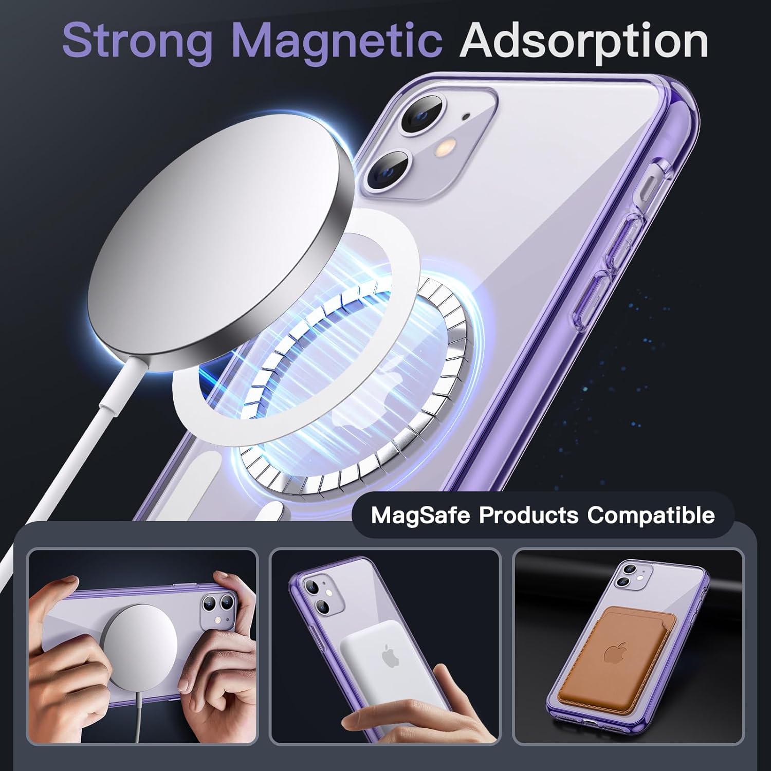 JETech Magnetic Case for iPhone 11 6.1-Inch Compatible with MagSafe Wireless Charging, Shockproof Phone Bumper Cover, Anti-Scratch Clear Back (Deep Purple) · v6