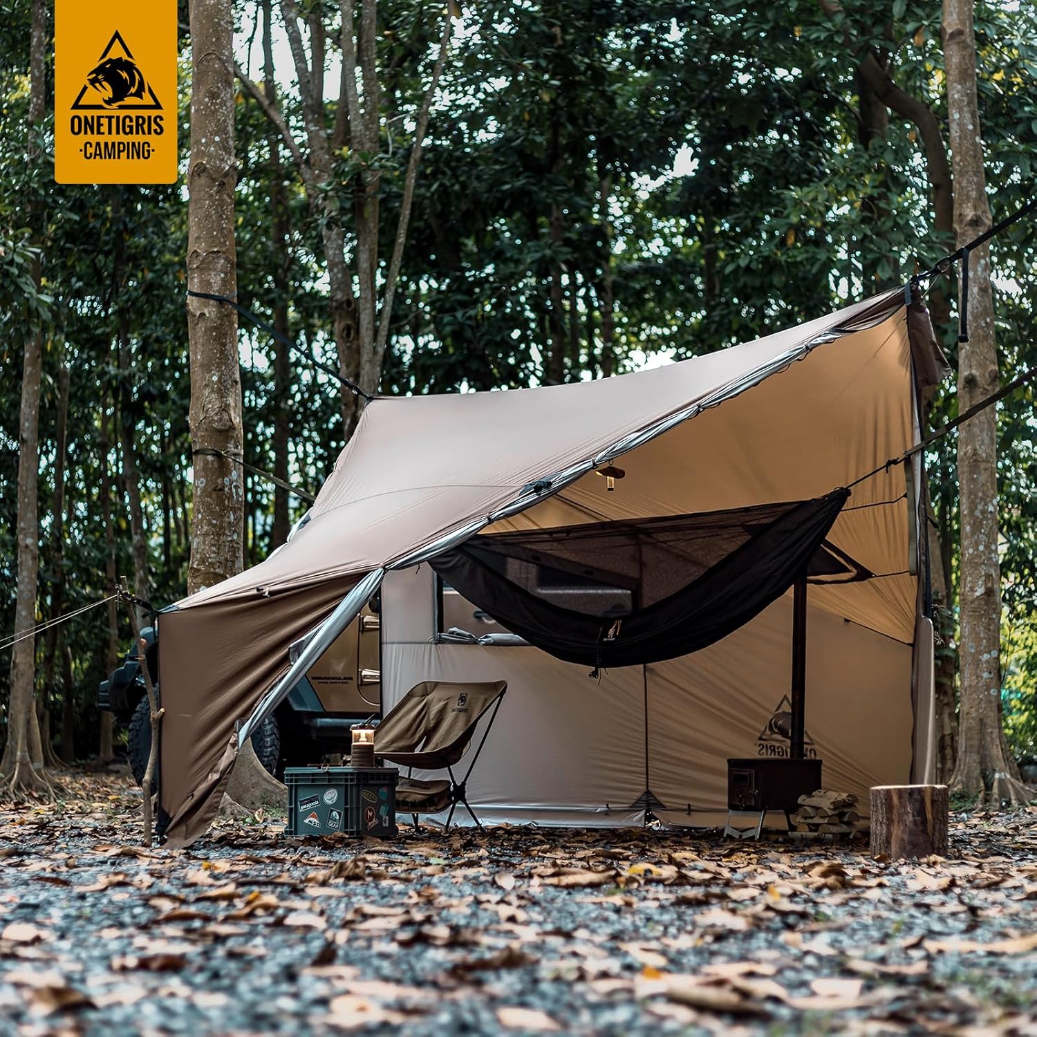 OneTigris COZSHACK เต็นท์ร้อน เต็นท์ขนาดใหญ่สำหรับ 4 คน พร้อมช่องสำหรับเตา เต็นท์กันลม กันน้ำ สำหรับการตั้งแคมป์ด้วยเตาไม้แบบ Bushcraft การเดินทางด้วยรถบรรทุก ครอบครัว