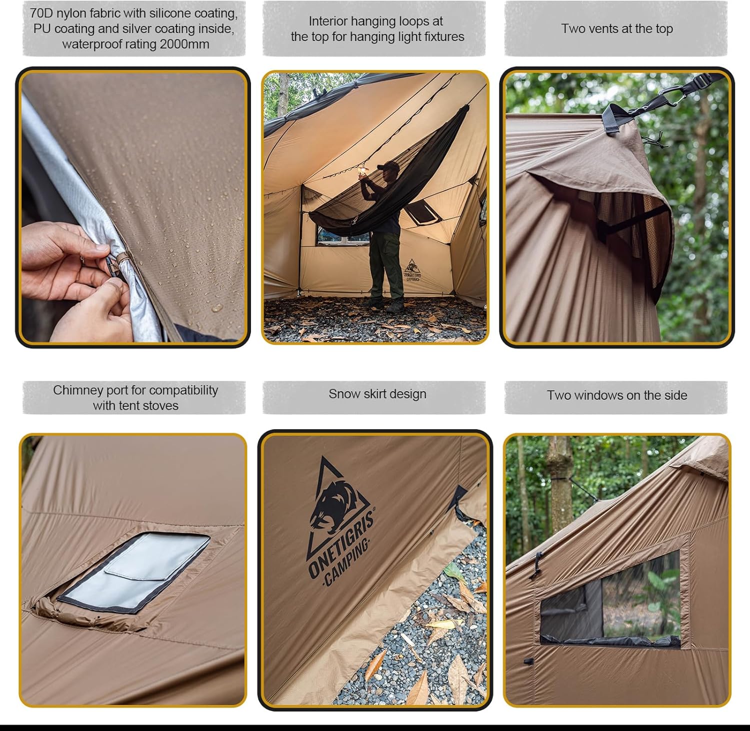 OneTigris COZSHACK เต็นท์ร้อน เต็นท์ขนาดใหญ่สำหรับ 4 คน พร้อมช่องสำหรับเตา เต็นท์กันลม กันน้ำ สำหรับการตั้งแคมป์ด้วยเตาไม้แบบ Bushcraft การเดินทางด้วยรถบรรทุก ครอบครัว