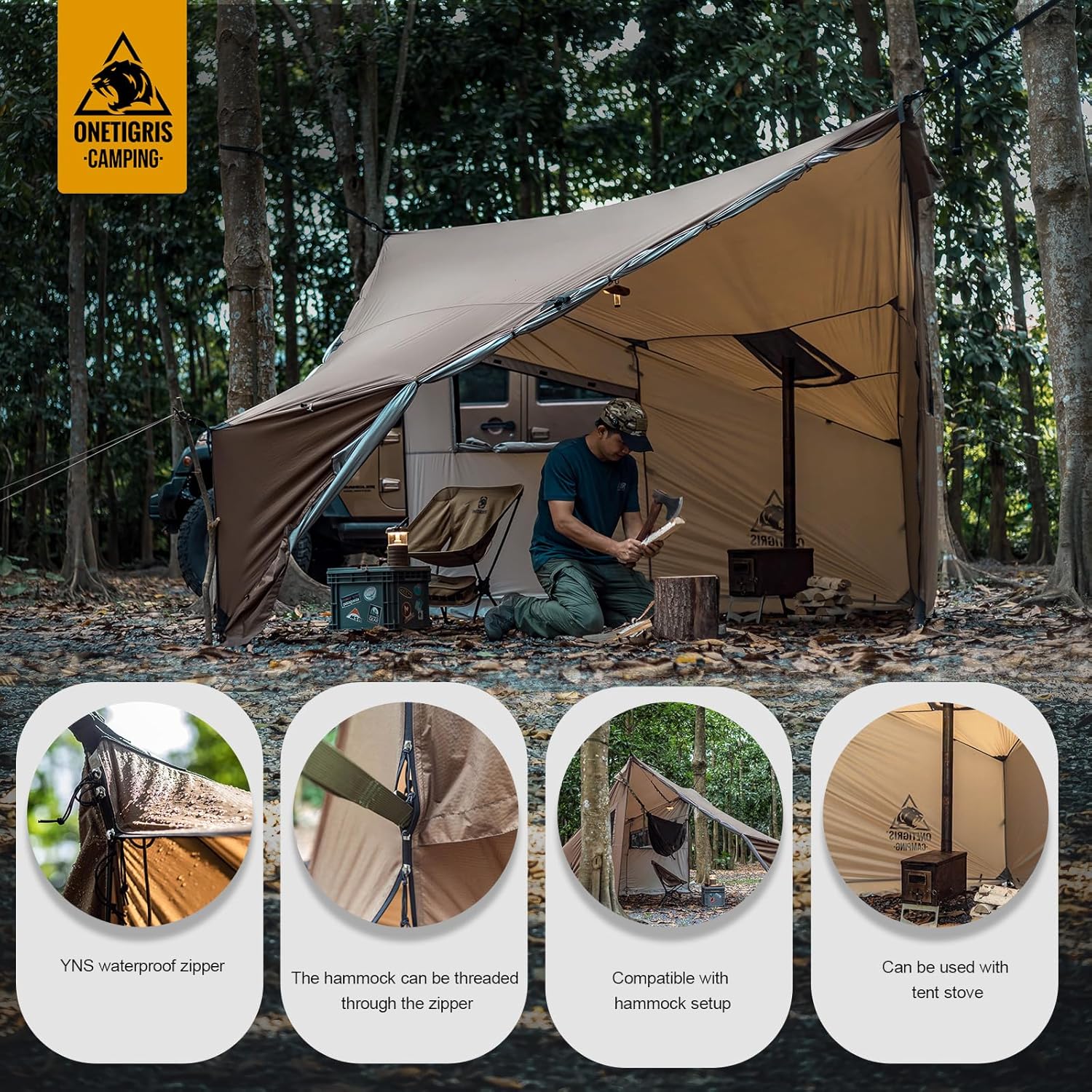 OneTigris COZSHACK เต็นท์ร้อน เต็นท์ขนาดใหญ่สำหรับ 4 คน พร้อมช่องสำหรับเตา เต็นท์กันลม กันน้ำ สำหรับการตั้งแคมป์ด้วยเตาไม้แบบ Bushcraft การเดินทางด้วยรถบรรทุก ครอบครัว