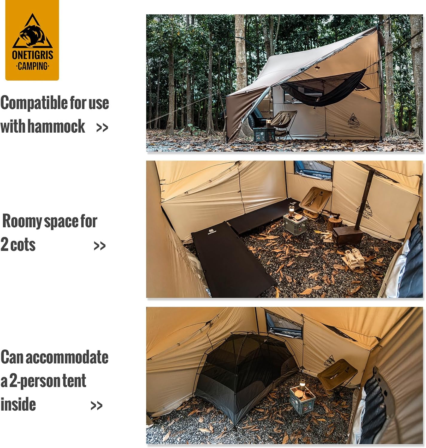OneTigris COZSHACK เต็นท์ร้อน เต็นท์ขนาดใหญ่สำหรับ 4 คน พร้อมช่องสำหรับเตา เต็นท์กันลม กันน้ำ สำหรับการตั้งแคมป์ด้วยเตาไม้แบบ Bushcraft การเดินทางด้วยรถบรรทุก ครอบครัว